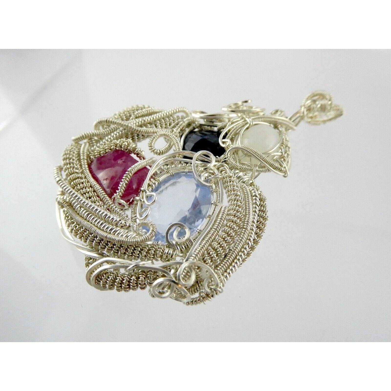Artisan Fine Silver Wire Wrapped Topaz Ruby Sapphire and Moonstone Pendant 999