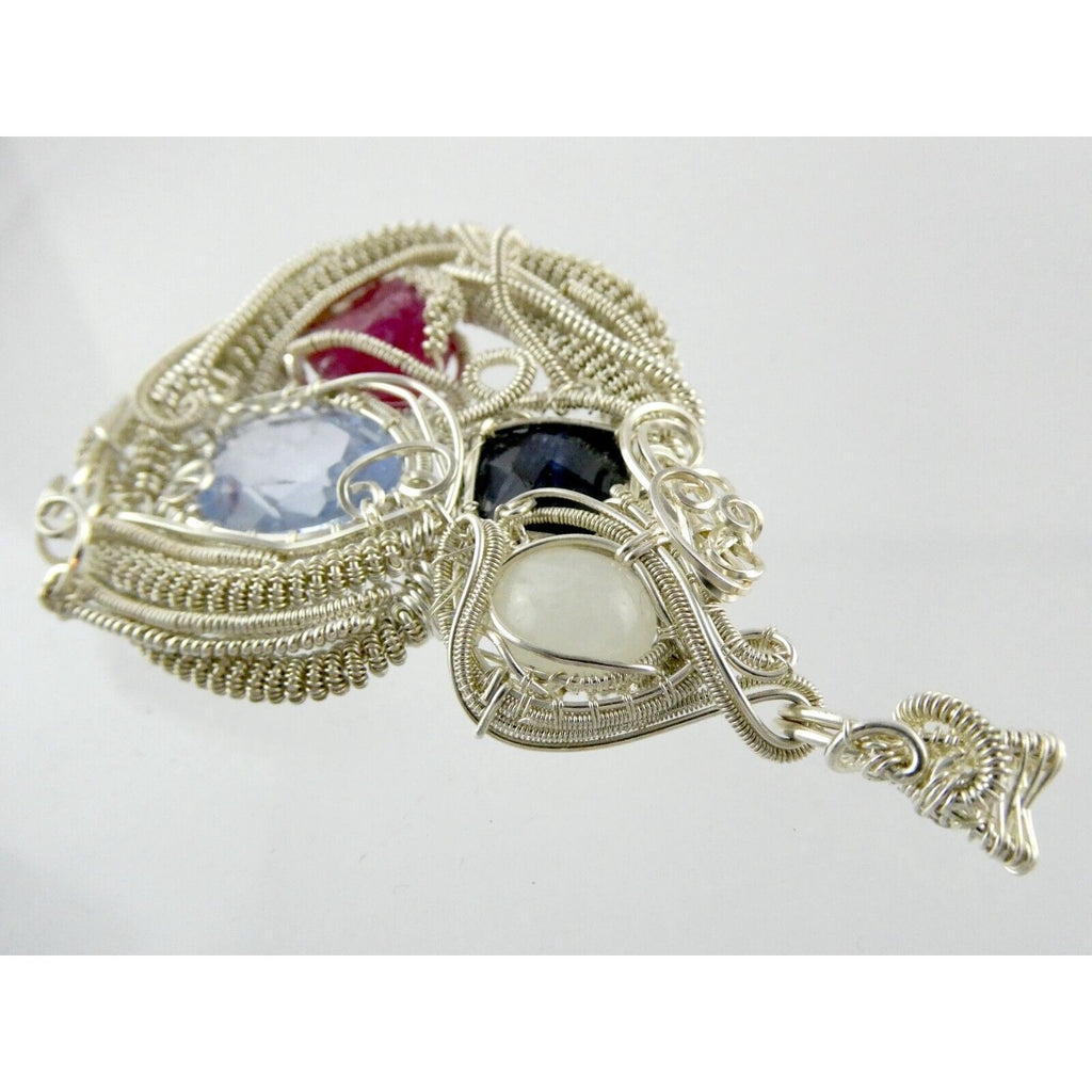 Artisan Fine Silver Wire Wrapped Topaz Ruby Sapphire and Moonstone Pendant 999