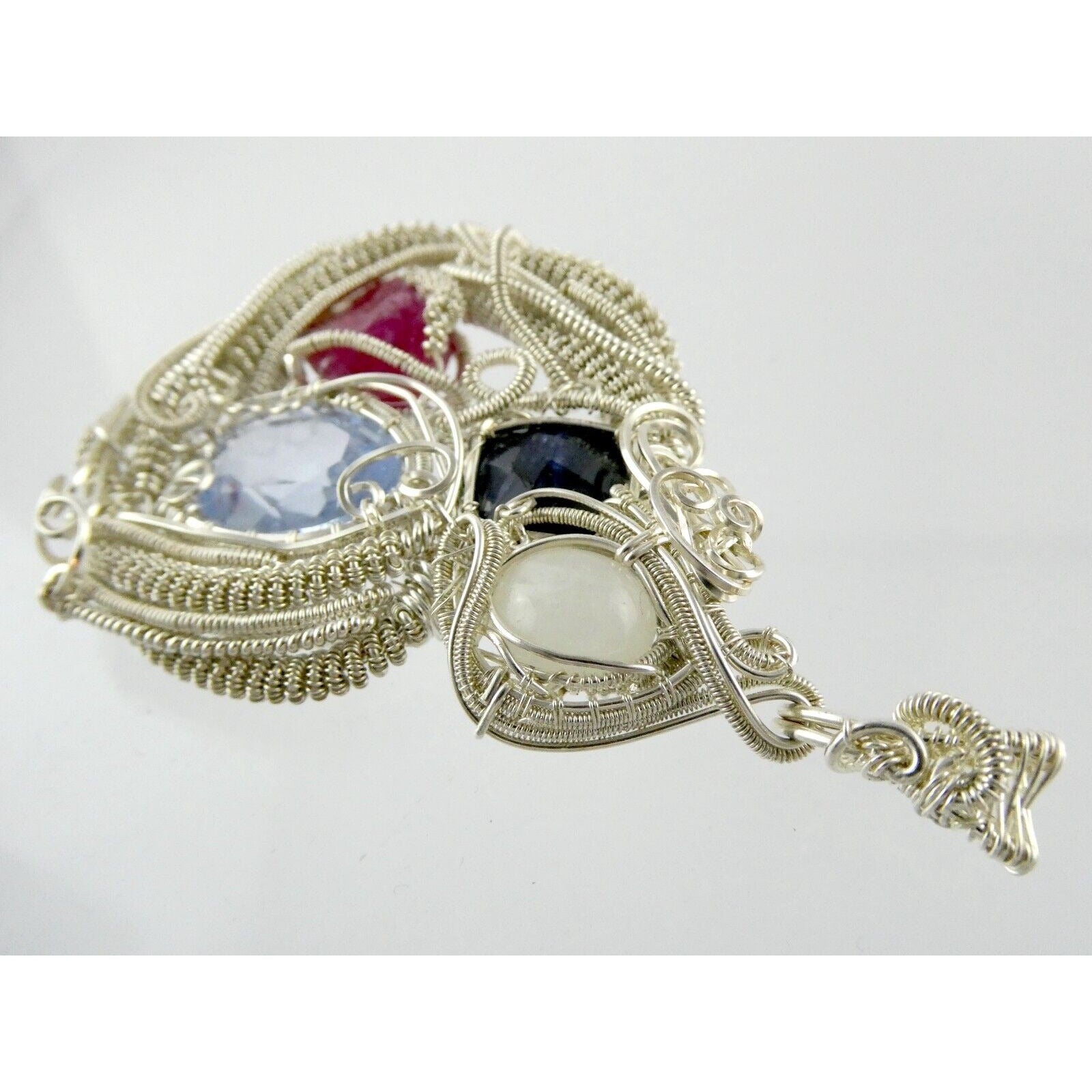 Artisan Fine Silver Wire Wrapped Topaz Ruby Sapphire and Moonstone Pendant 999