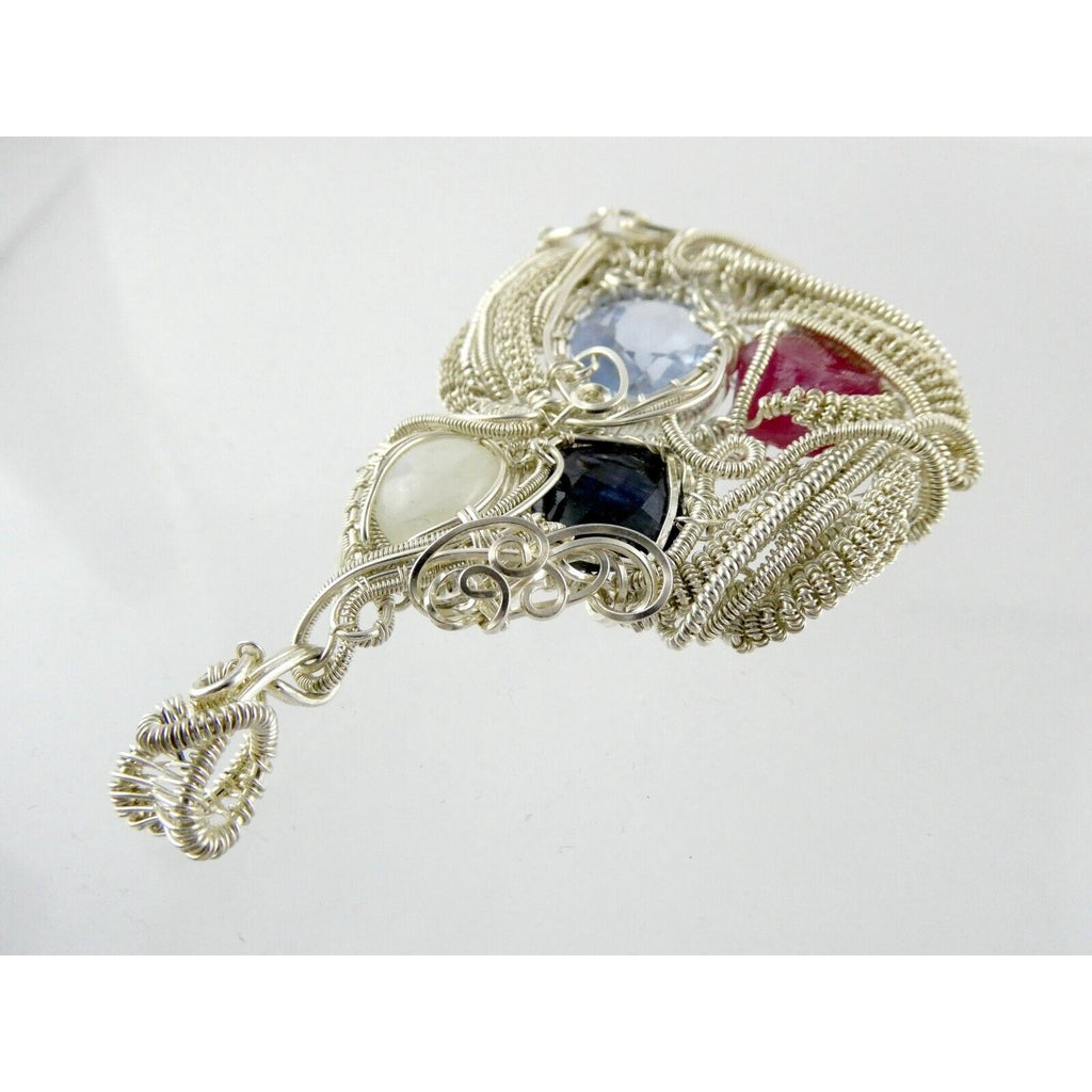 Artisan Fine Silver Wire Wrapped Topaz Ruby Sapphire and Moonstone Pendant 999