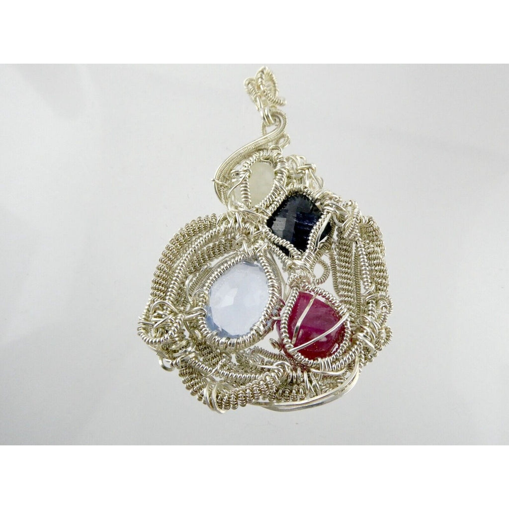 Artisan Fine Silver Wire Wrapped Topaz Ruby Sapphire and Moonstone Pendant 999