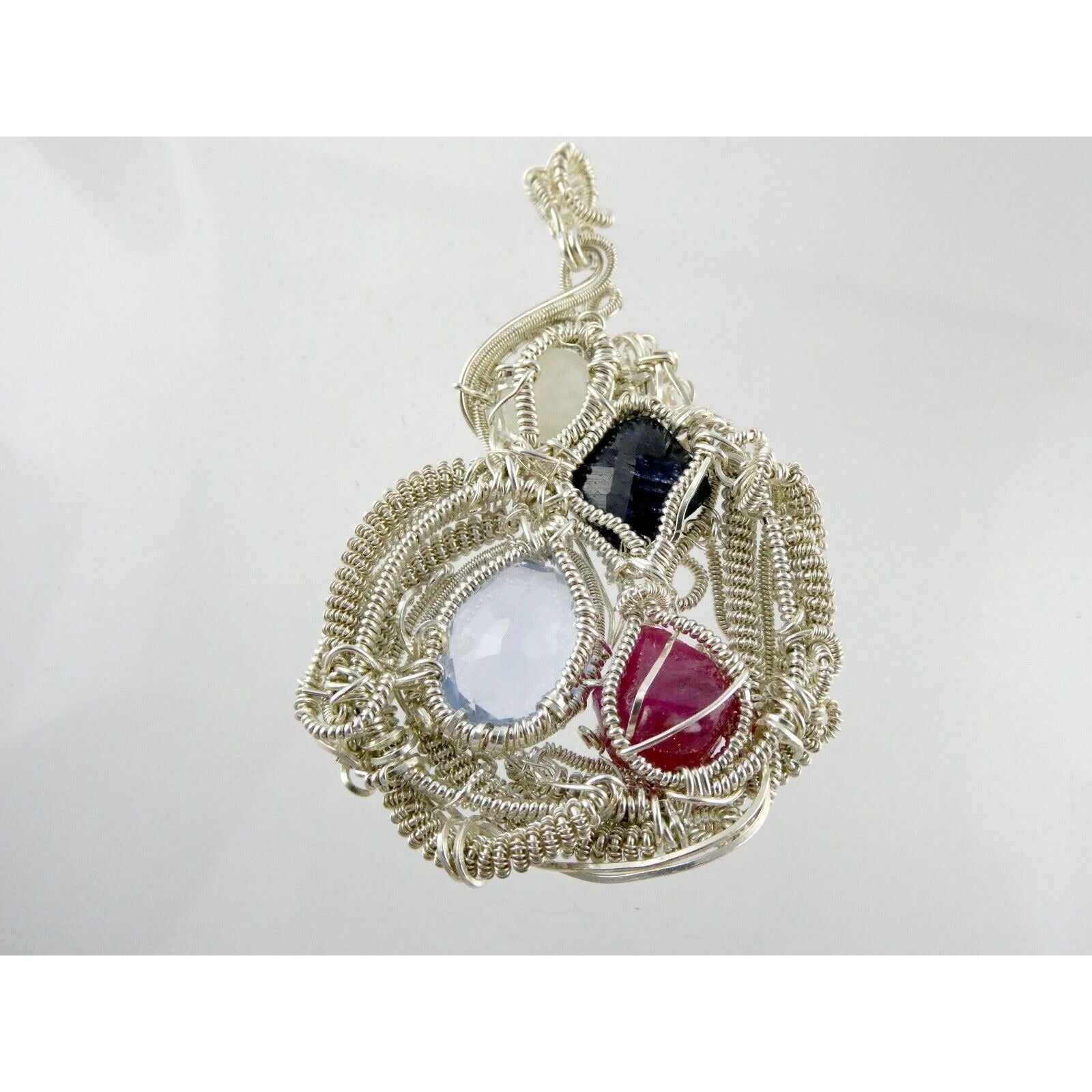 Artisan Fine Silver Wire Wrapped Topaz Ruby Sapphire and Moonstone Pendant 999