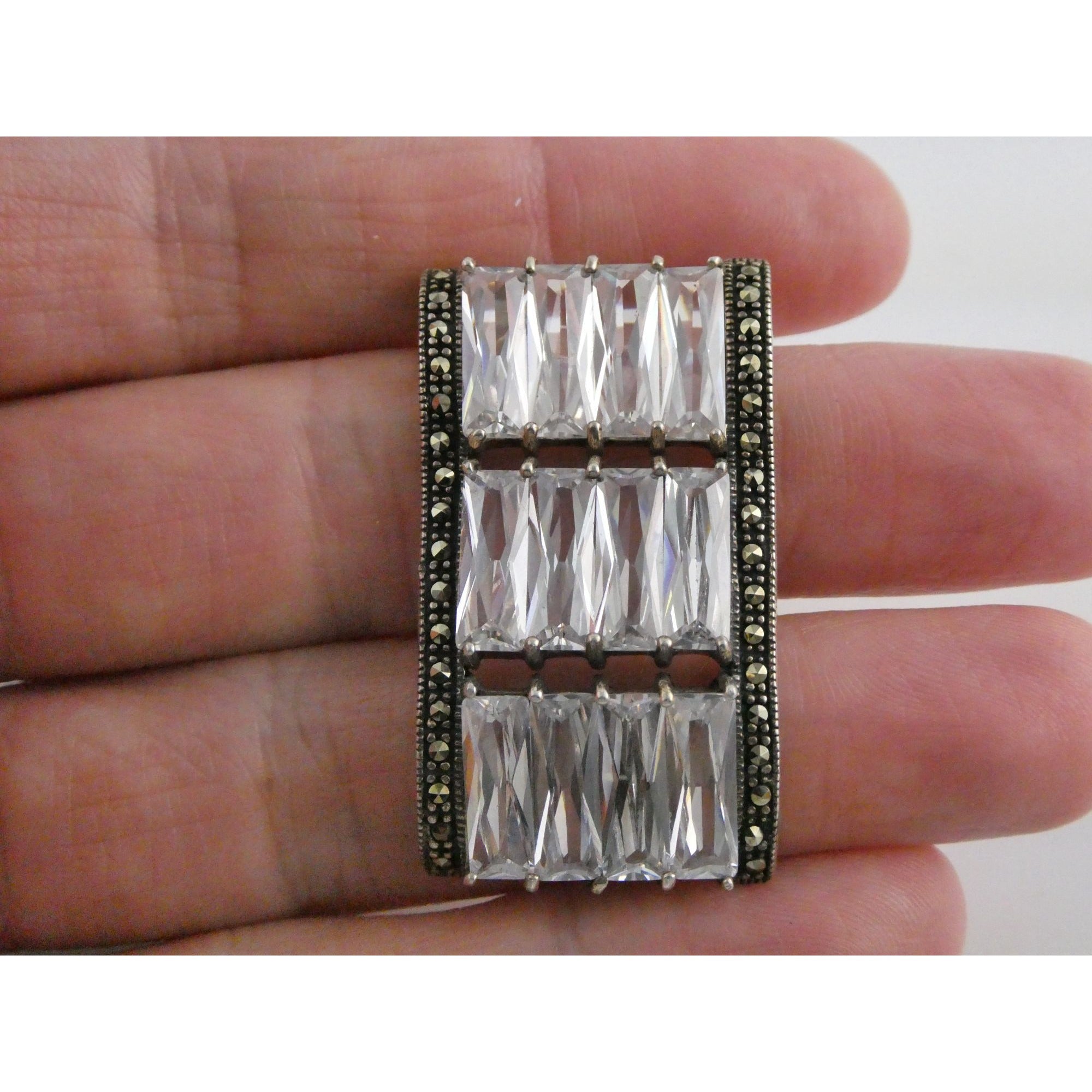 Sterling Silver Twelve White Crystal and Marcasite Lined Rectangular Pendant 925