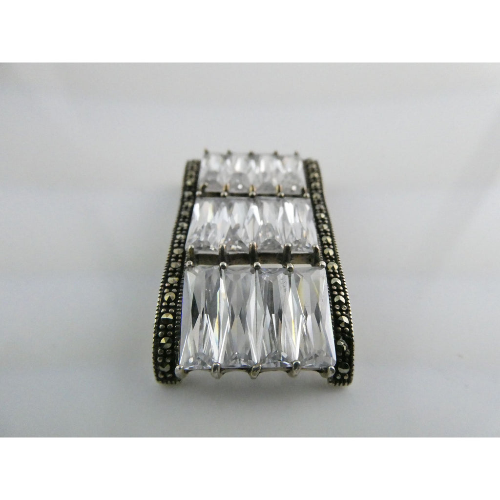 Sterling Silver Twelve White Crystal and Marcasite Lined Rectangular Pendant 925