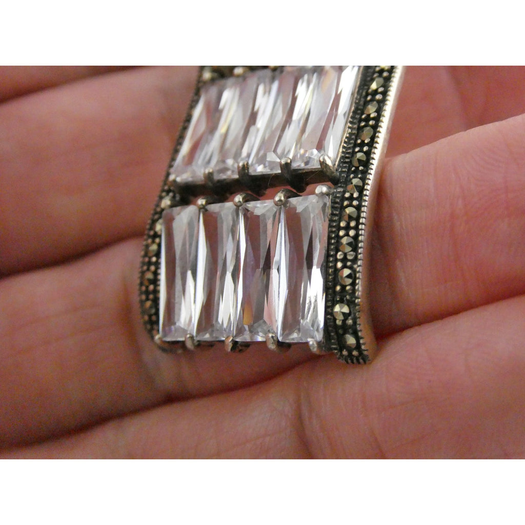 Sterling Silver Twelve White Crystal and Marcasite Lined Rectangular Pendant 925