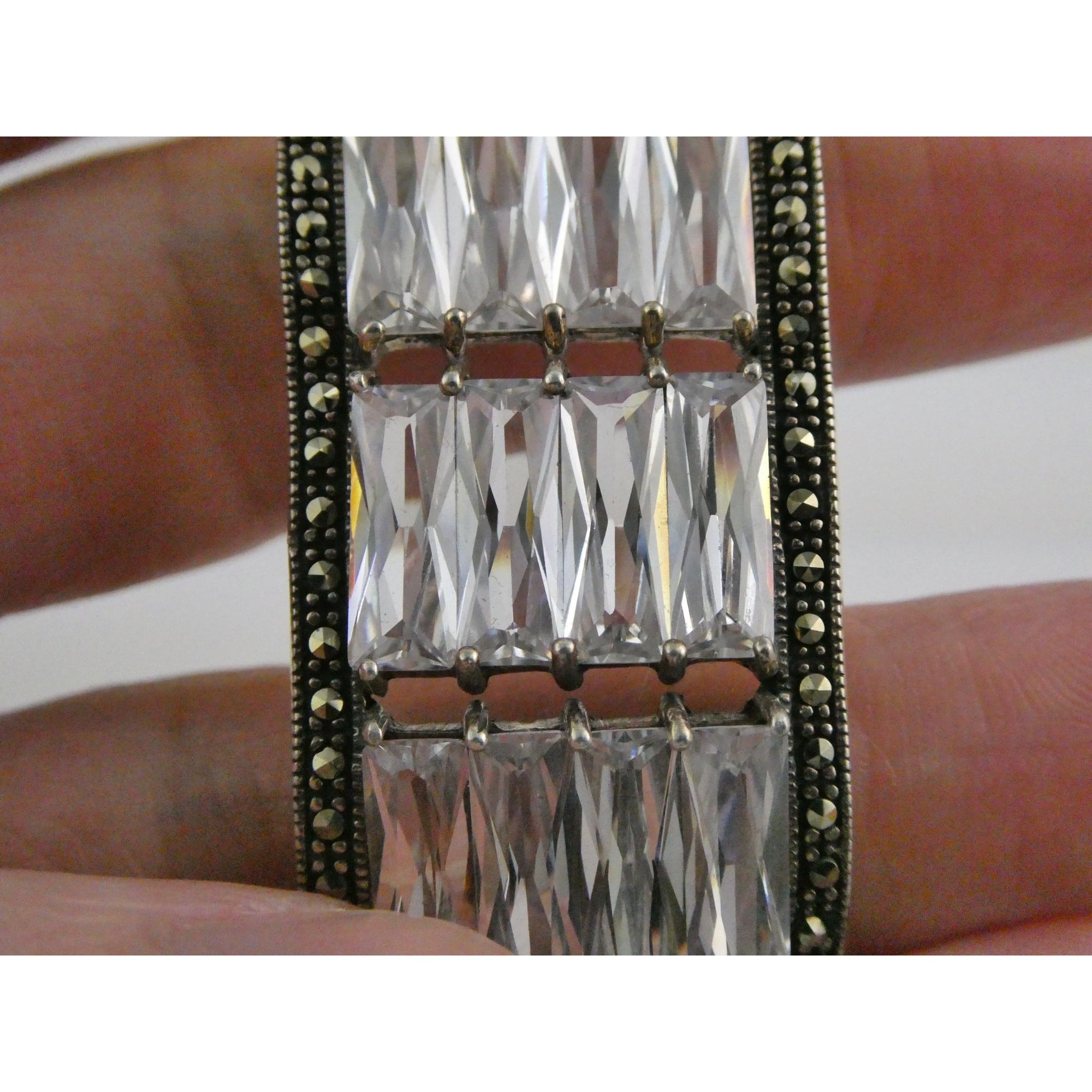 Sterling Silver Twelve White Crystal and Marcasite Lined Rectangular Pendant 925