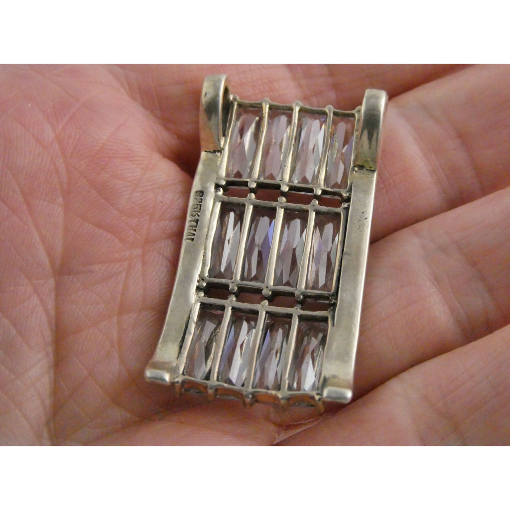 Sterling Silver Twelve White Crystal and Marcasite Lined Rectangular Pendant 925