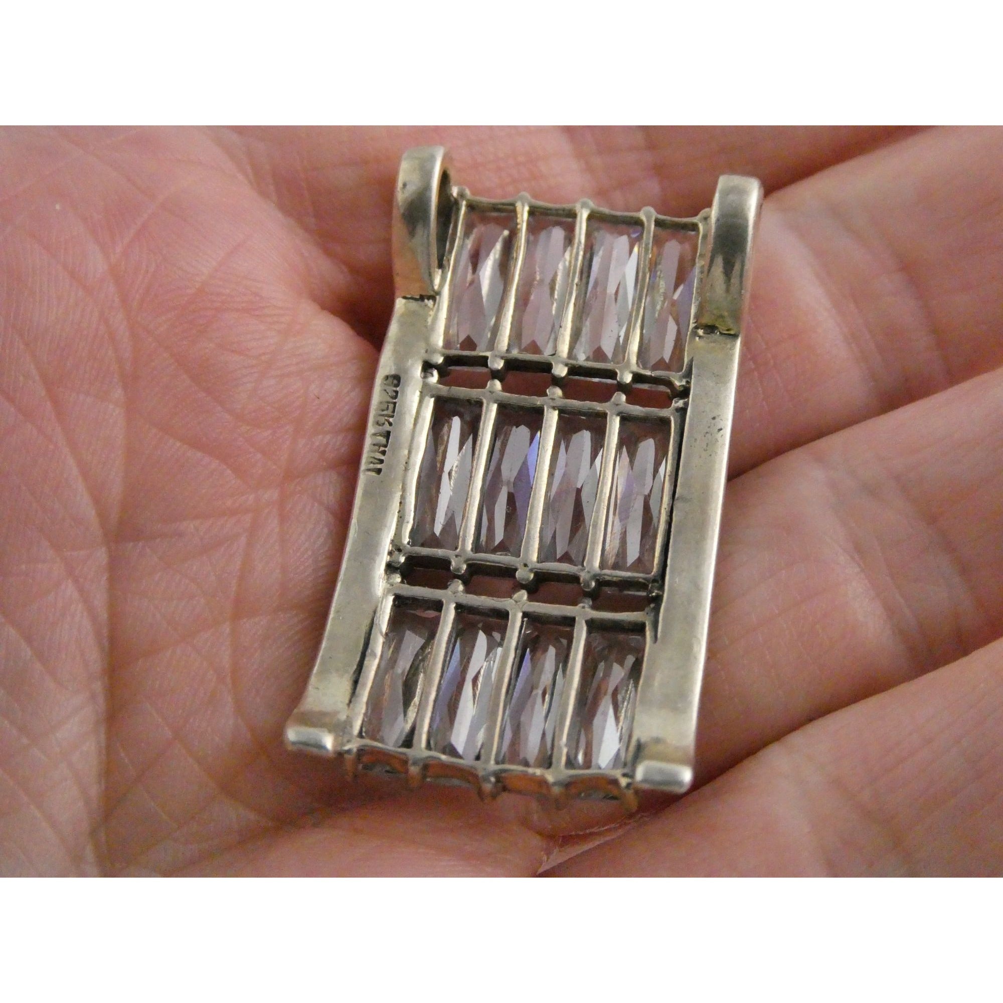 Sterling Silver Twelve White Crystal and Marcasite Lined Rectangular Pendant 925