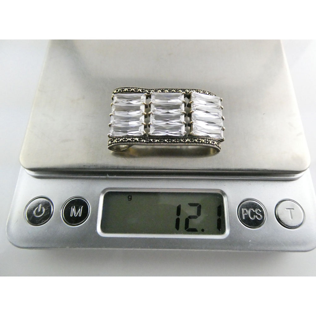 Sterling Silver Twelve White Crystal and Marcasite Lined Rectangular Pendant 925