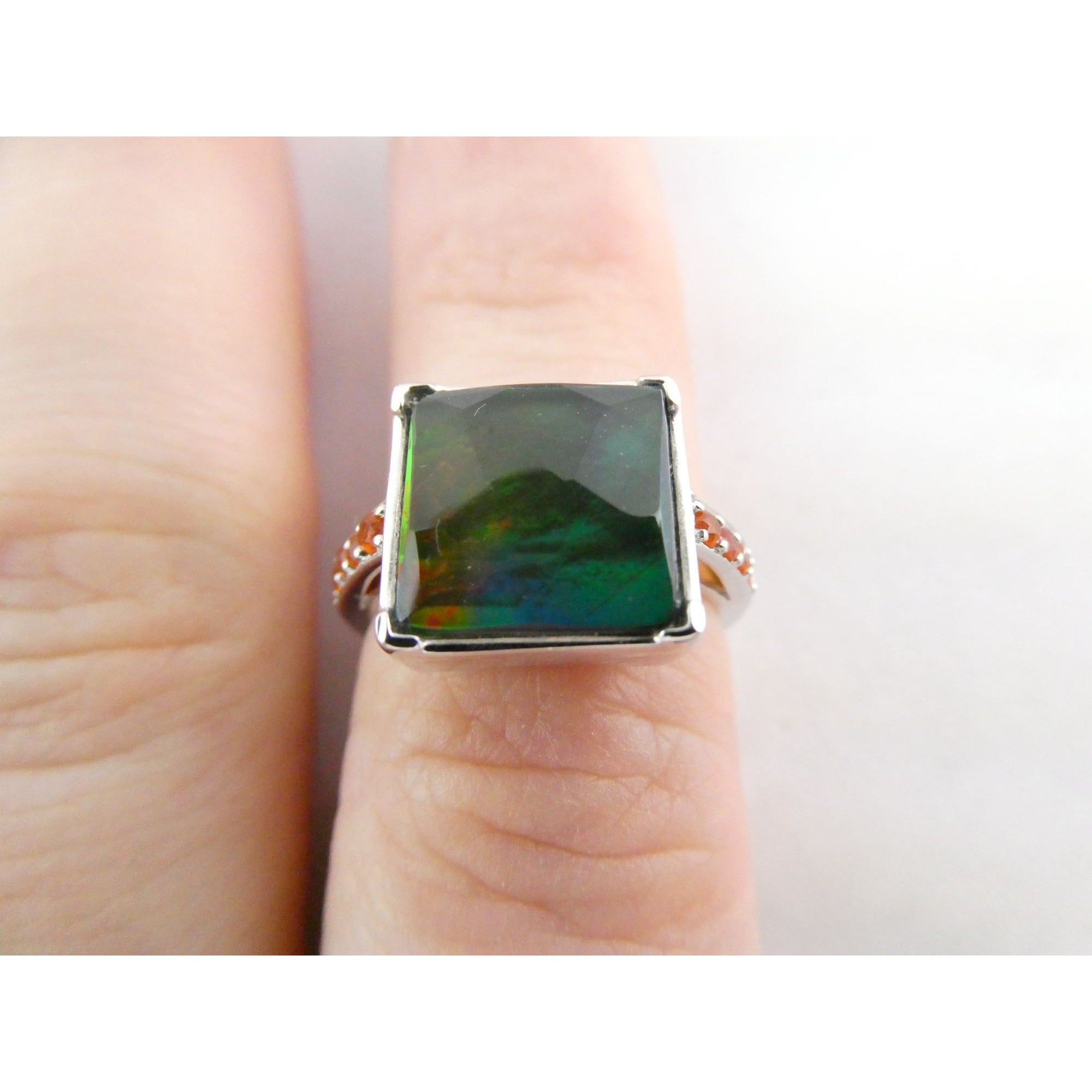 Designer Sterling Silver Quartz Ammolite Doublet with Orange Garnets Ring Size 6
