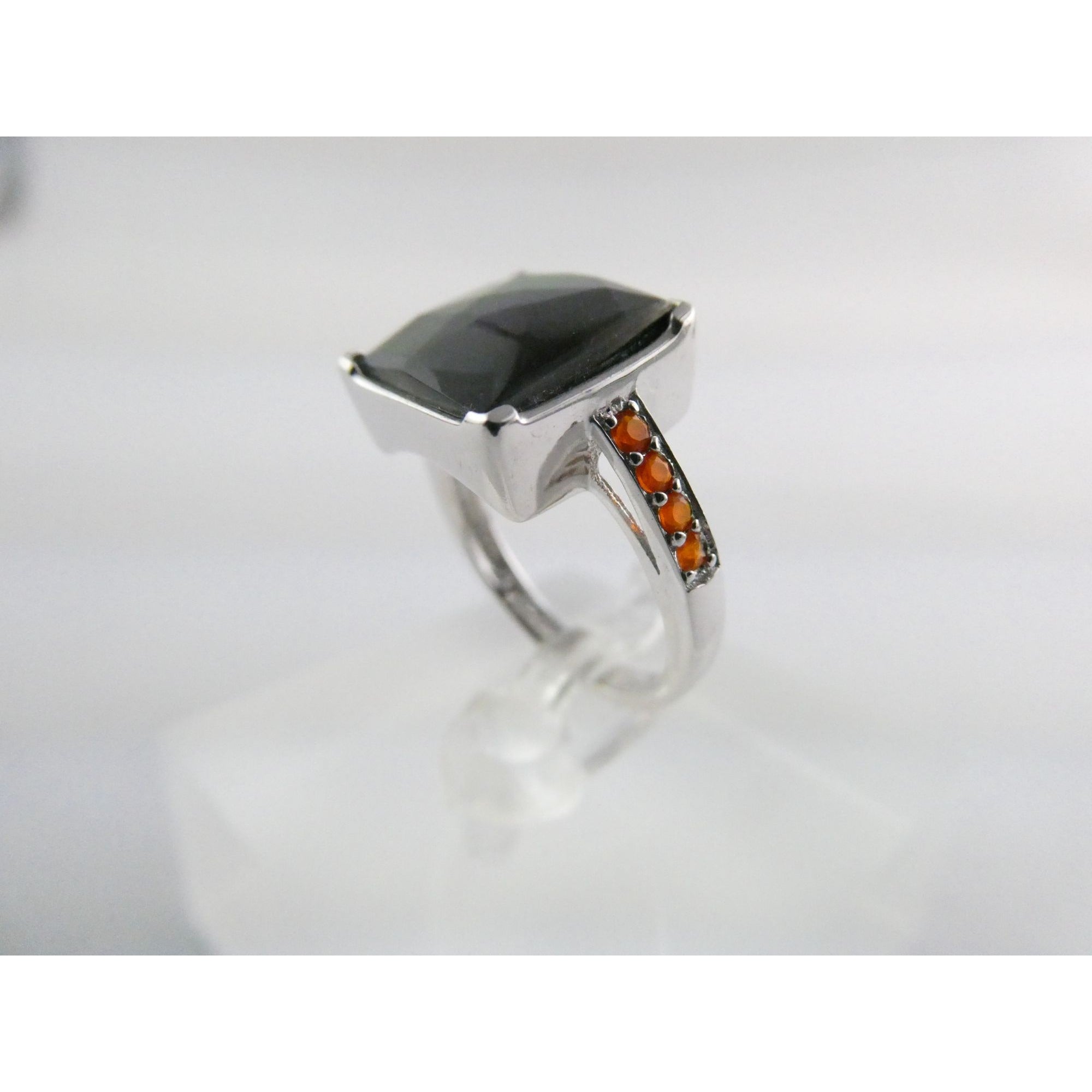 Designer Sterling Silver Quartz Ammolite Doublet with Orange Garnets Ring Size 6