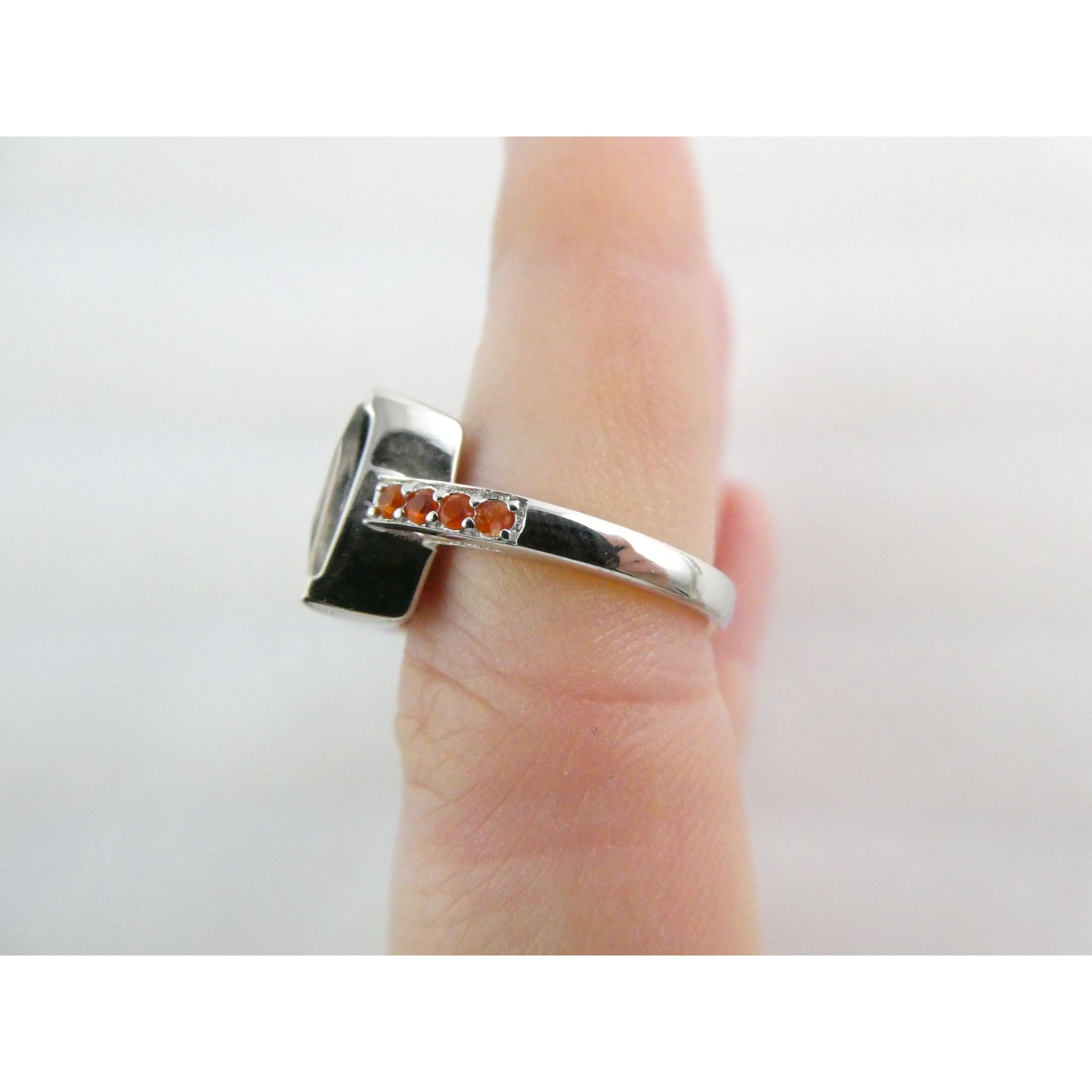 Designer Sterling Silver Quartz Ammolite Doublet with Orange Garnets Ring Size 6