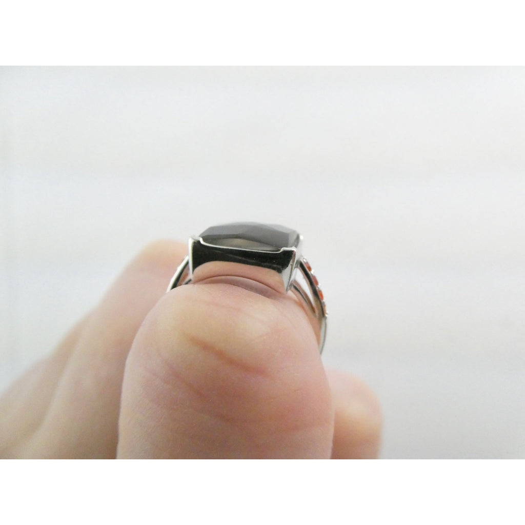 Designer Sterling Silver Quartz Ammolite Doublet with Orange Garnets Ring Size 6