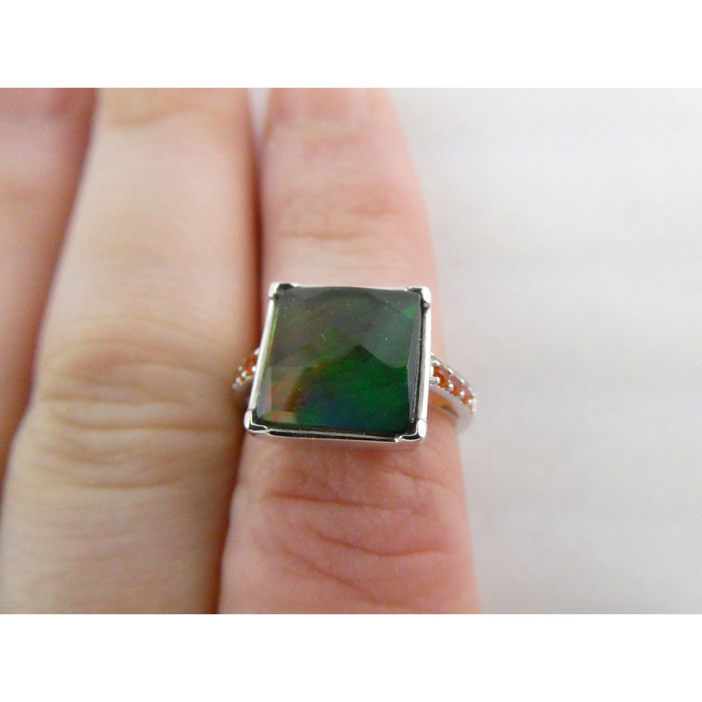 Designer Sterling Silver Quartz Ammolite Doublet with Orange Garnets Ring Size 6