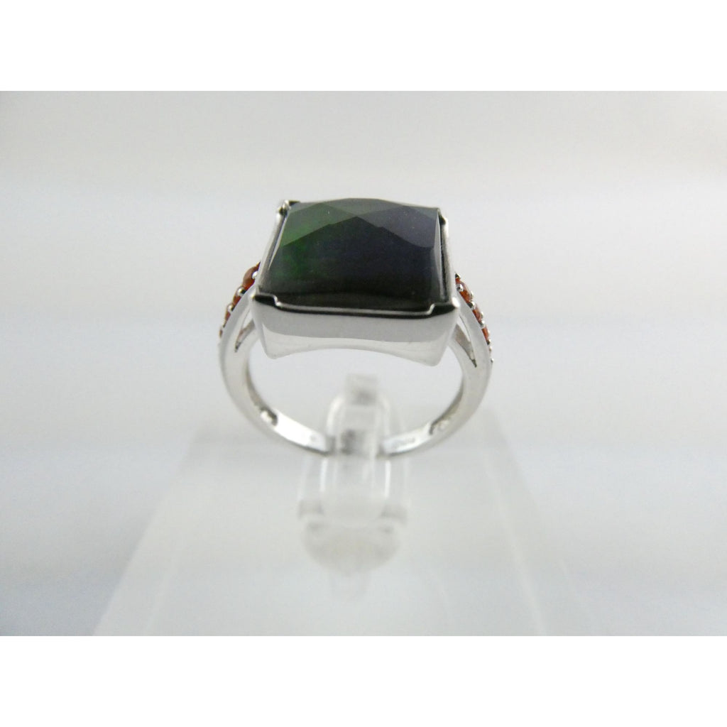 Designer Sterling Silver Quartz Ammolite Doublet with Orange Garnets Ring Size 6