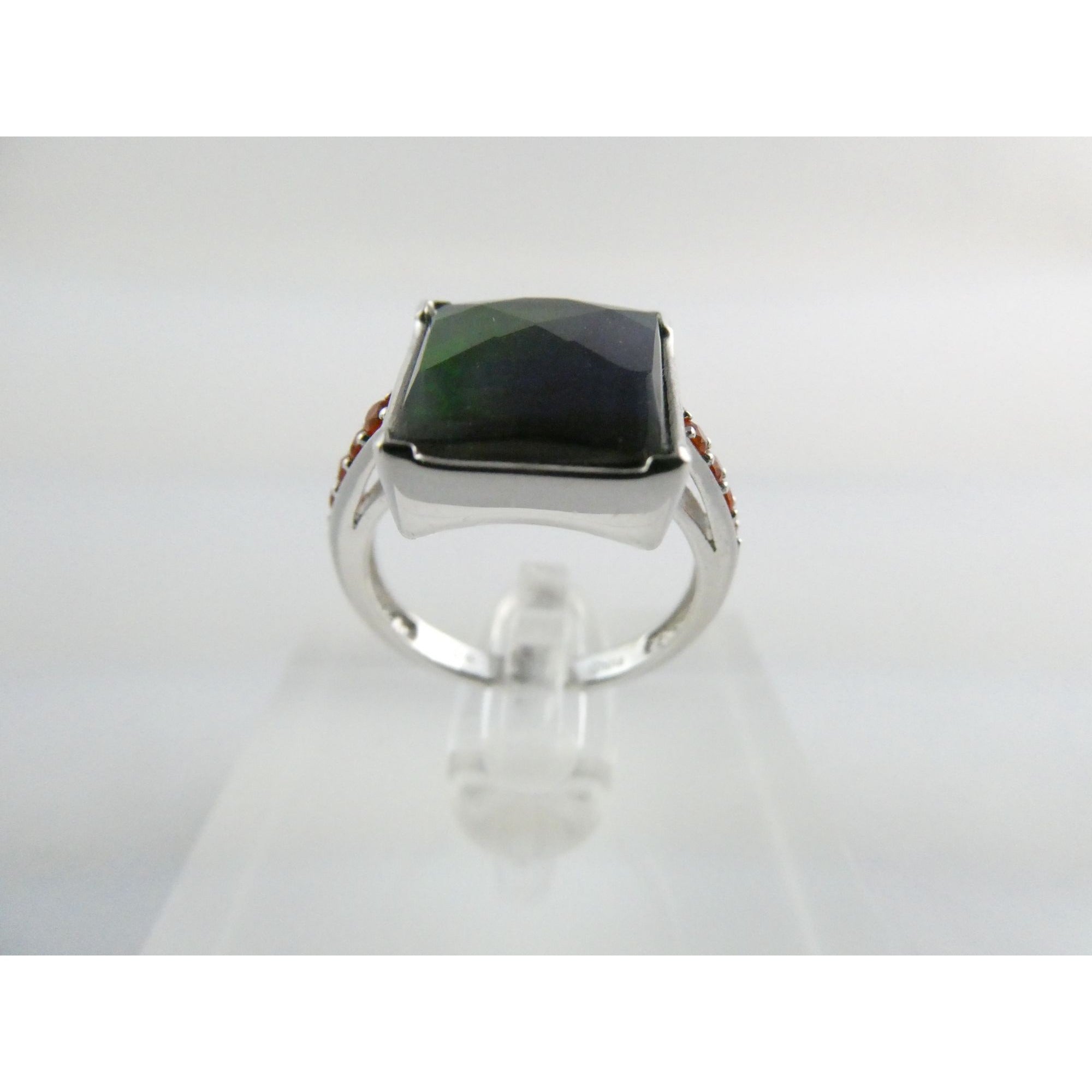 Designer Sterling Silver Quartz Ammolite Doublet with Orange Garnets Ring Size 6