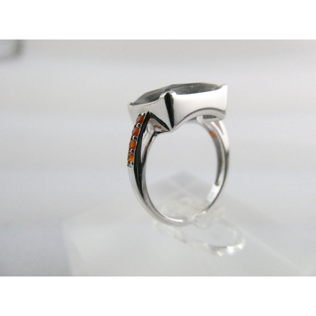 Designer Sterling Silver Quartz Ammolite Doublet with Orange Garnets Ring Size 6