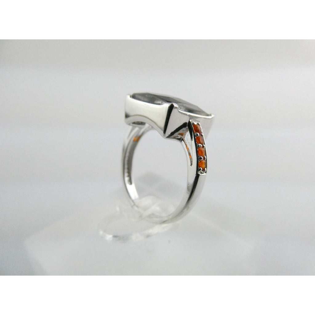Designer Sterling Silver Quartz Ammolite Doublet with Orange Garnets Ring Size 6
