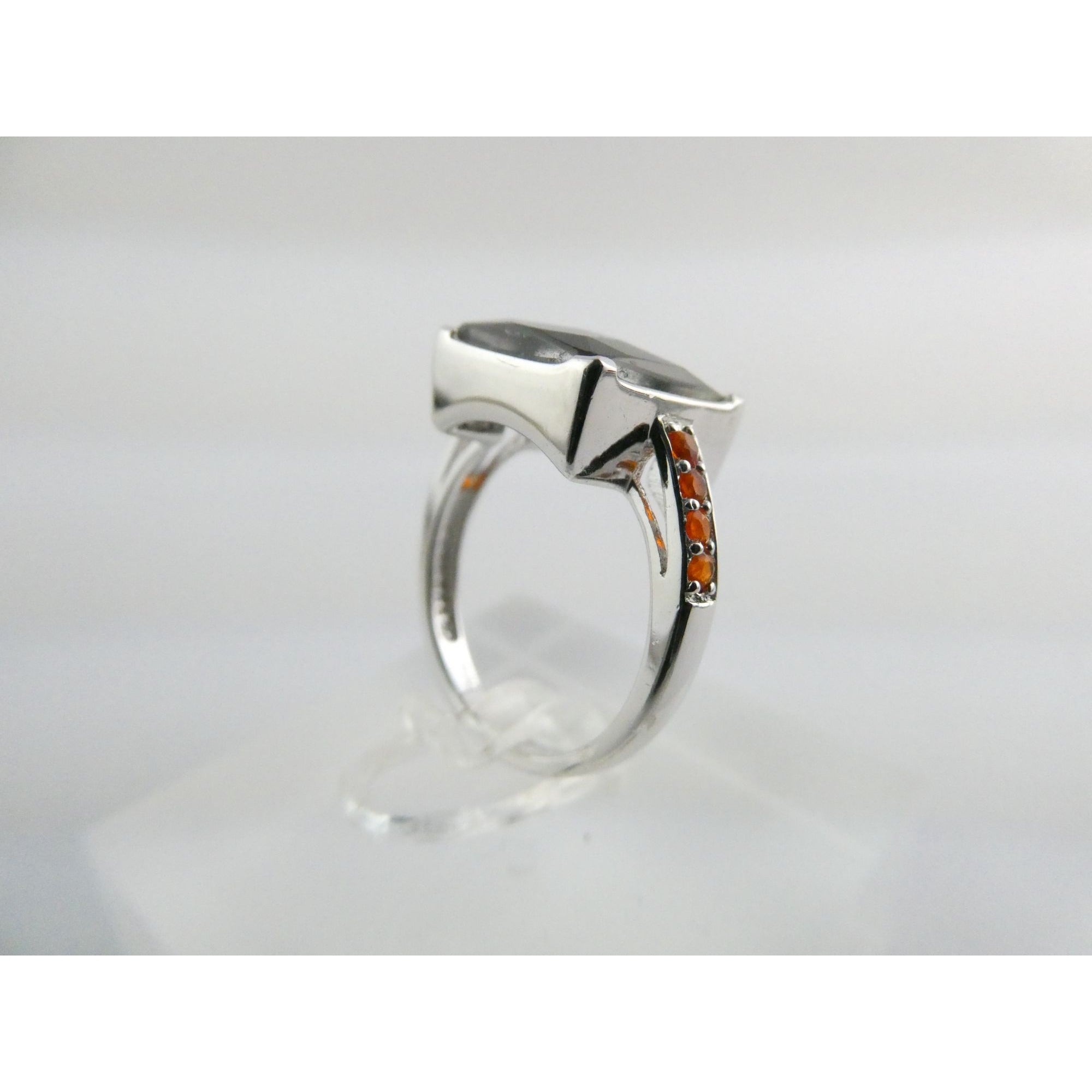 Designer Sterling Silver Quartz Ammolite Doublet with Orange Garnets Ring Size 6