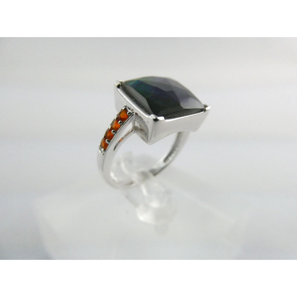 Designer Sterling Silver Quartz Ammolite Doublet with Orange Garnets Ring Size 6