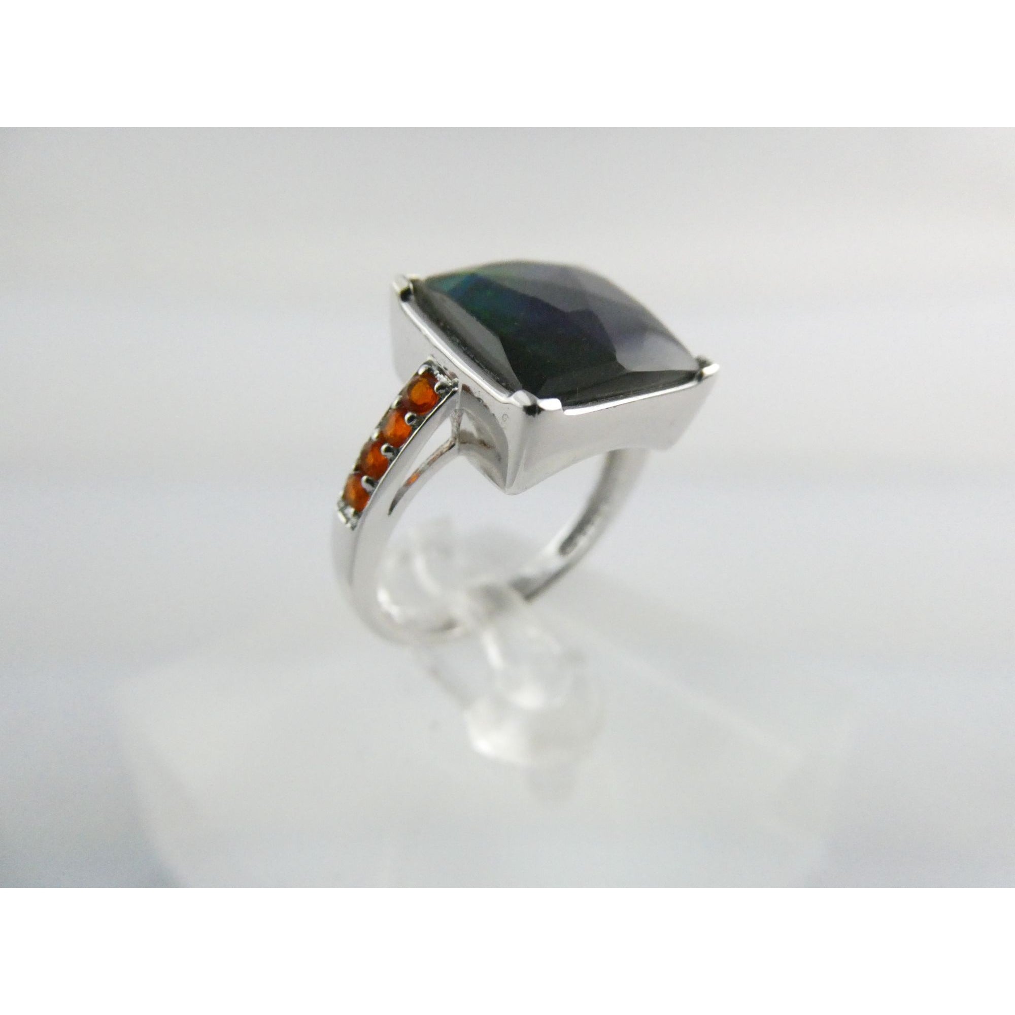 Designer Sterling Silver Quartz Ammolite Doublet with Orange Garnets Ring Size 6