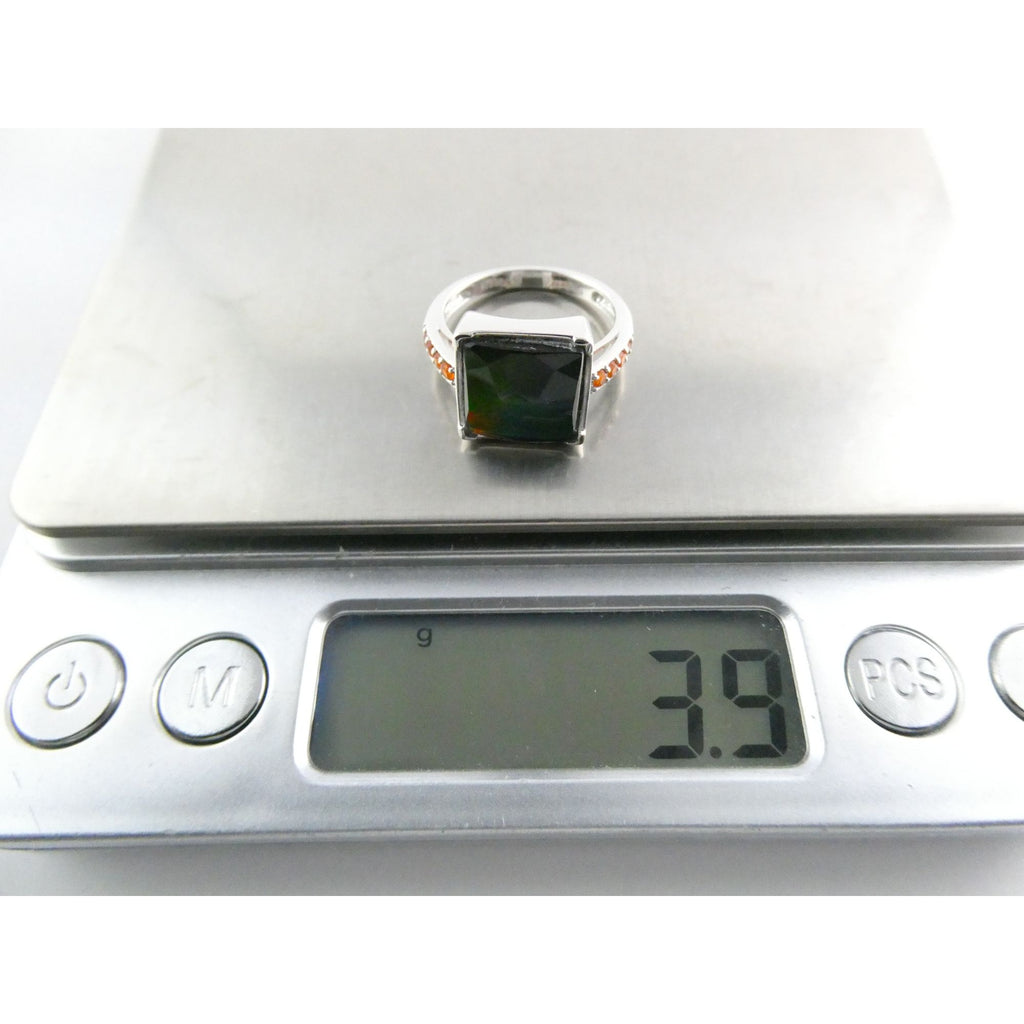 Designer Sterling Silver Quartz Ammolite Doublet with Orange Garnets Ring Size 6