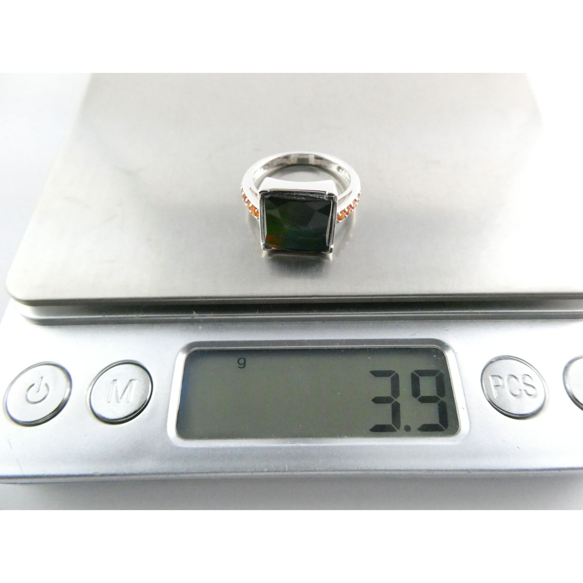 Designer Sterling Silver Quartz Ammolite Doublet with Orange Garnets Ring Size 6
