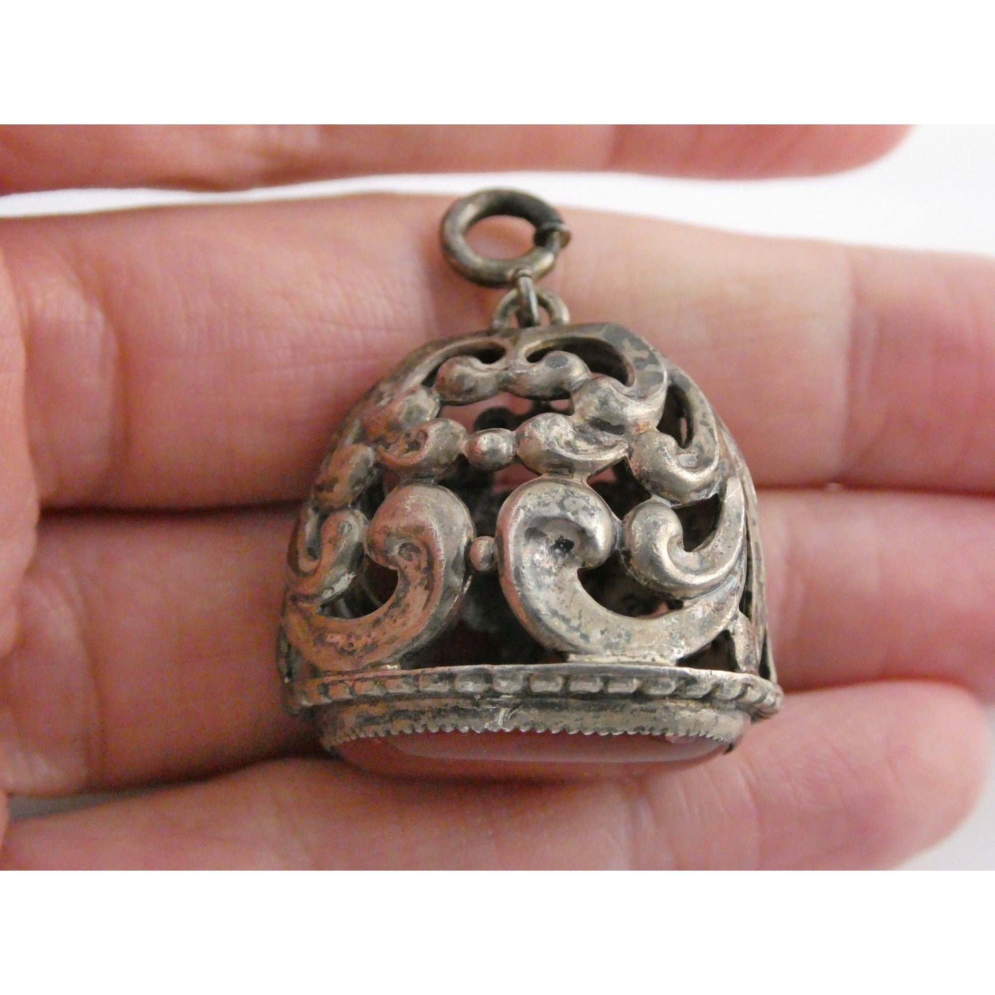 Vintage Openwork Unmarked Sterling Silver Carnelian Cab Fob Pendant Charm 11g