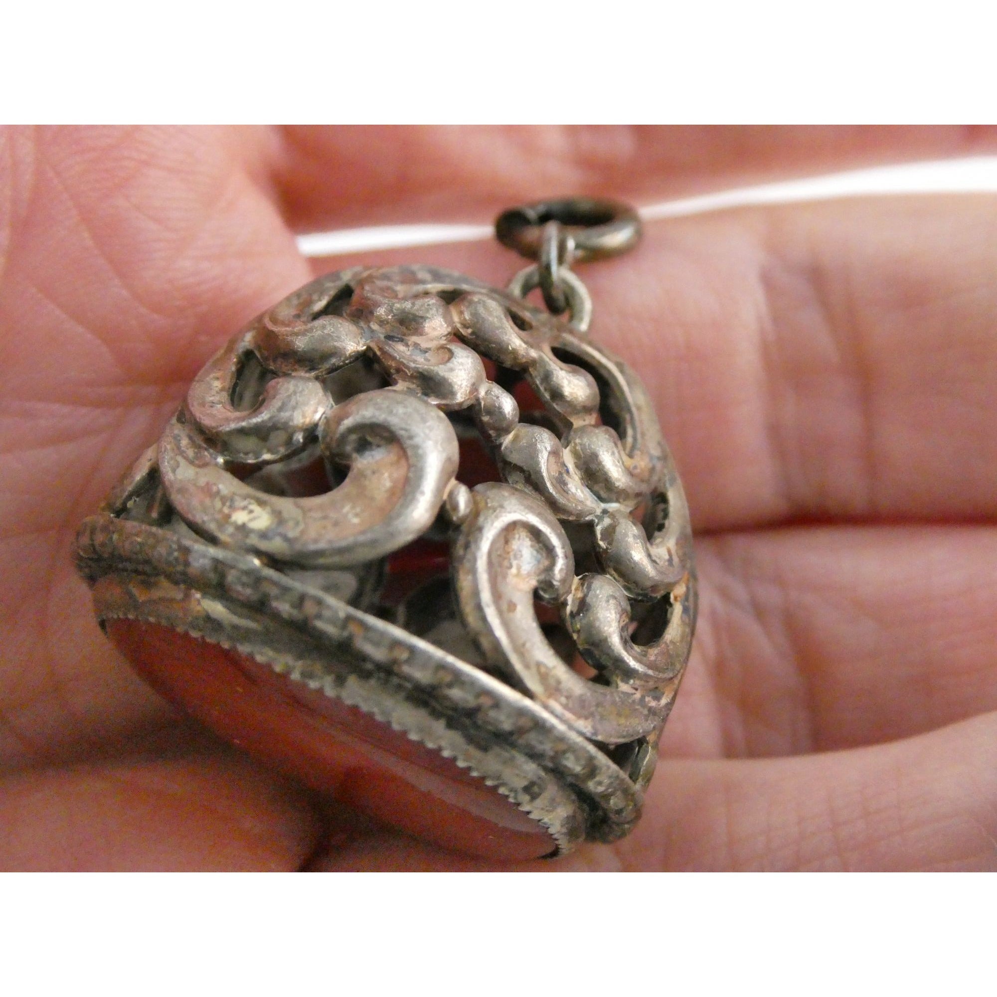 Vintage Openwork Unmarked Sterling Silver Carnelian Cab Fob Pendant Charm 11g