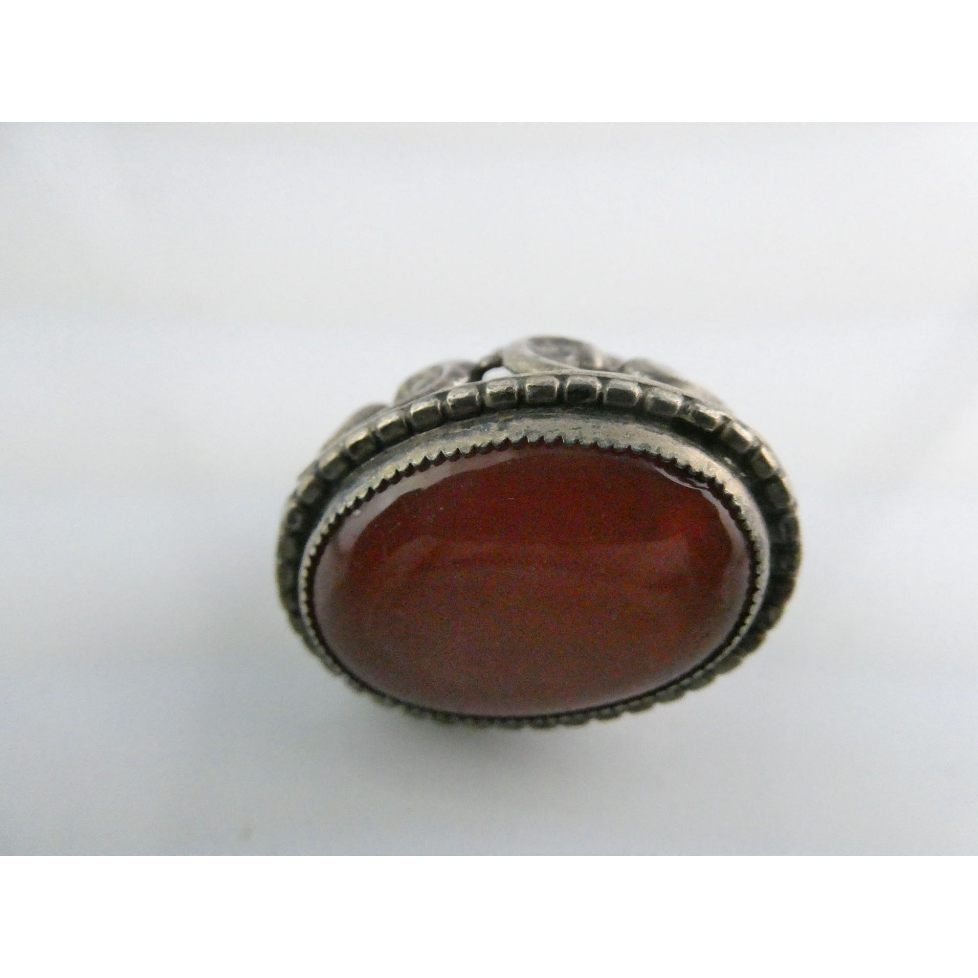 Vintage Openwork Unmarked Sterling Silver Carnelian Cab Fob Pendant Charm 11g