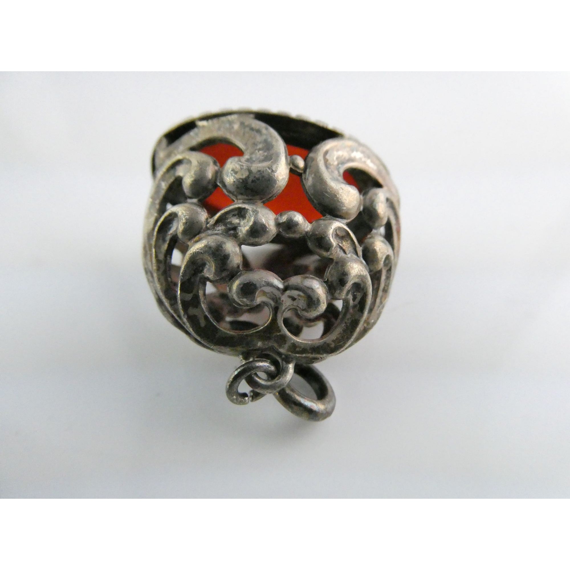 Vintage Openwork Unmarked Sterling Silver Carnelian Cab Fob Pendant Charm 11g