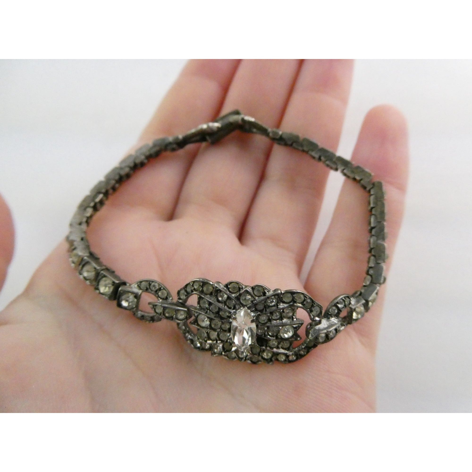 Vintage OTIS Sterling Silver and Paste Glass Art Deco Bracelet 1 MISSING 7 Inch
