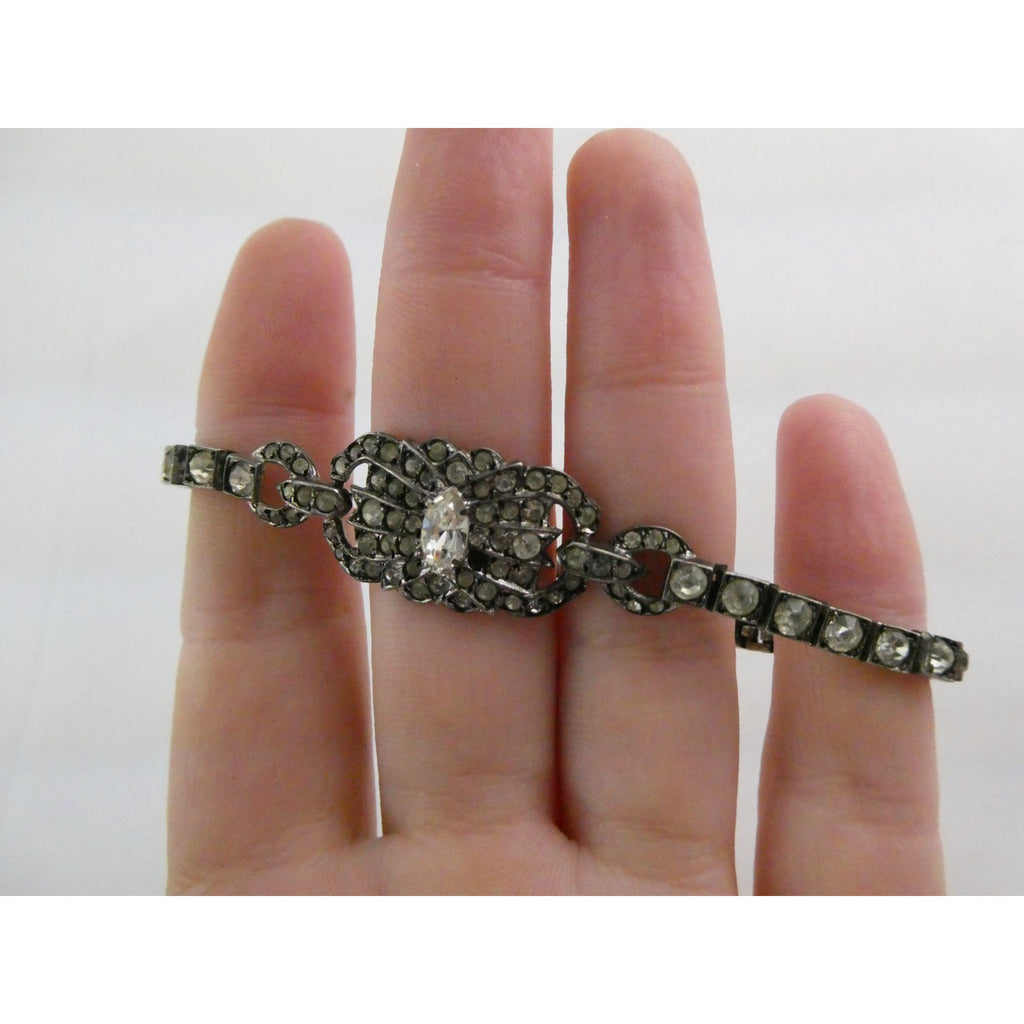 Vintage OTIS Sterling Silver and Paste Glass Art Deco Bracelet 1 MISSING 7 Inch
