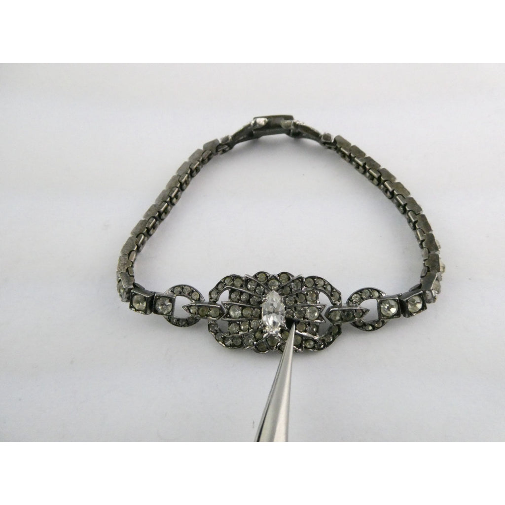 Vintage OTIS Sterling Silver and Paste Glass Art Deco Bracelet 1 MISSING 7 Inch