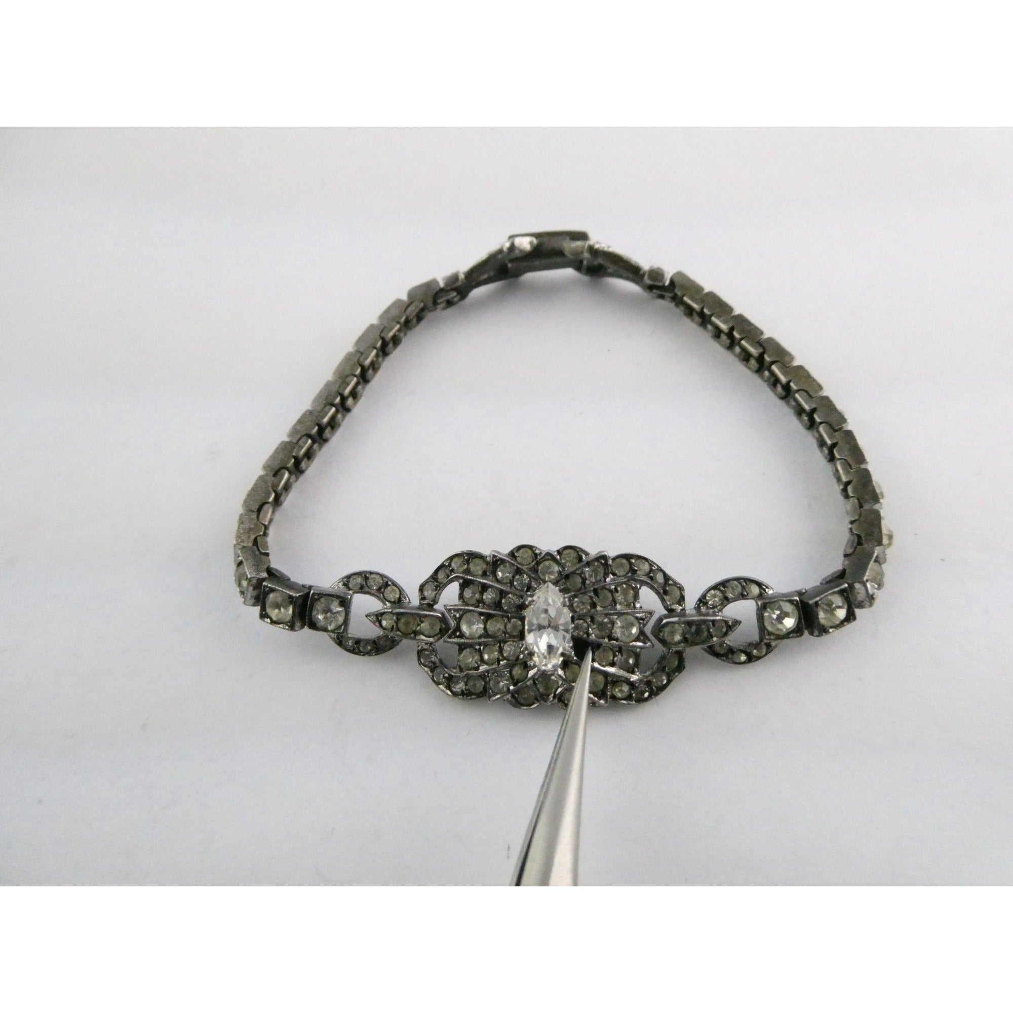 Vintage OTIS Sterling Silver and Paste Glass Art Deco Bracelet 1 MISSING 7 Inch