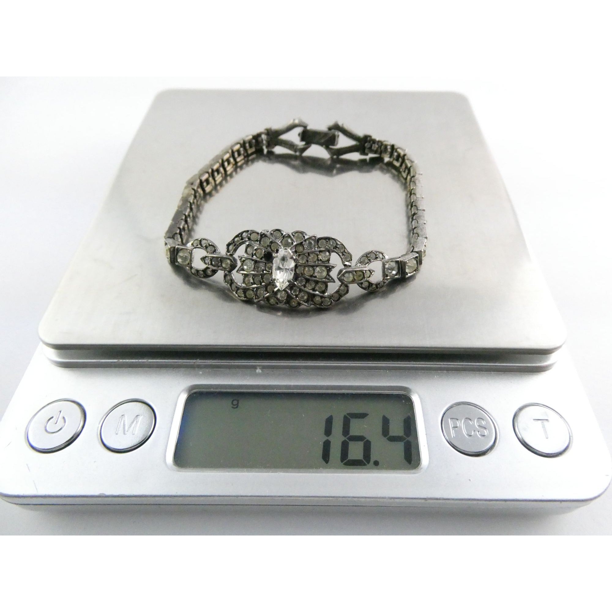 Vintage OTIS Sterling Silver and Paste Glass Art Deco Bracelet 1 MISSING 7 Inch
