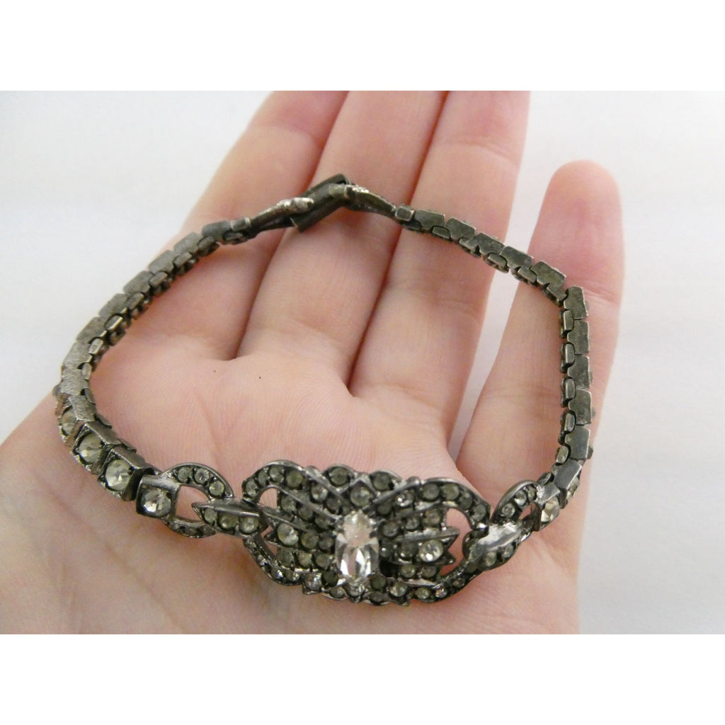Vintage OTIS Sterling Silver and Paste Glass Art Deco Bracelet 1 MISSING 7 Inch