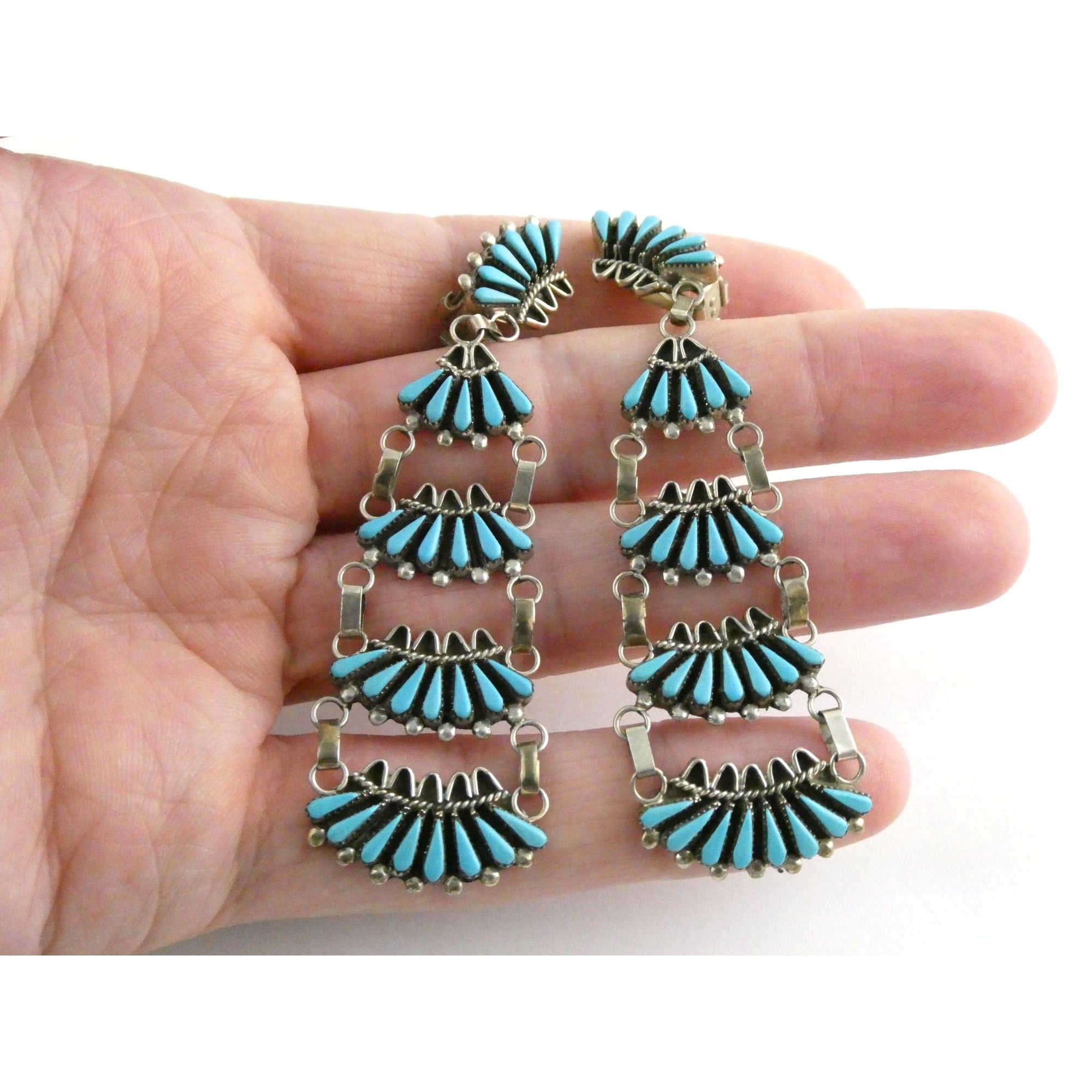 Southwestern Sterling Silver Turquoise Petit Point Clip on Earrings 14.6g 3 Inch
