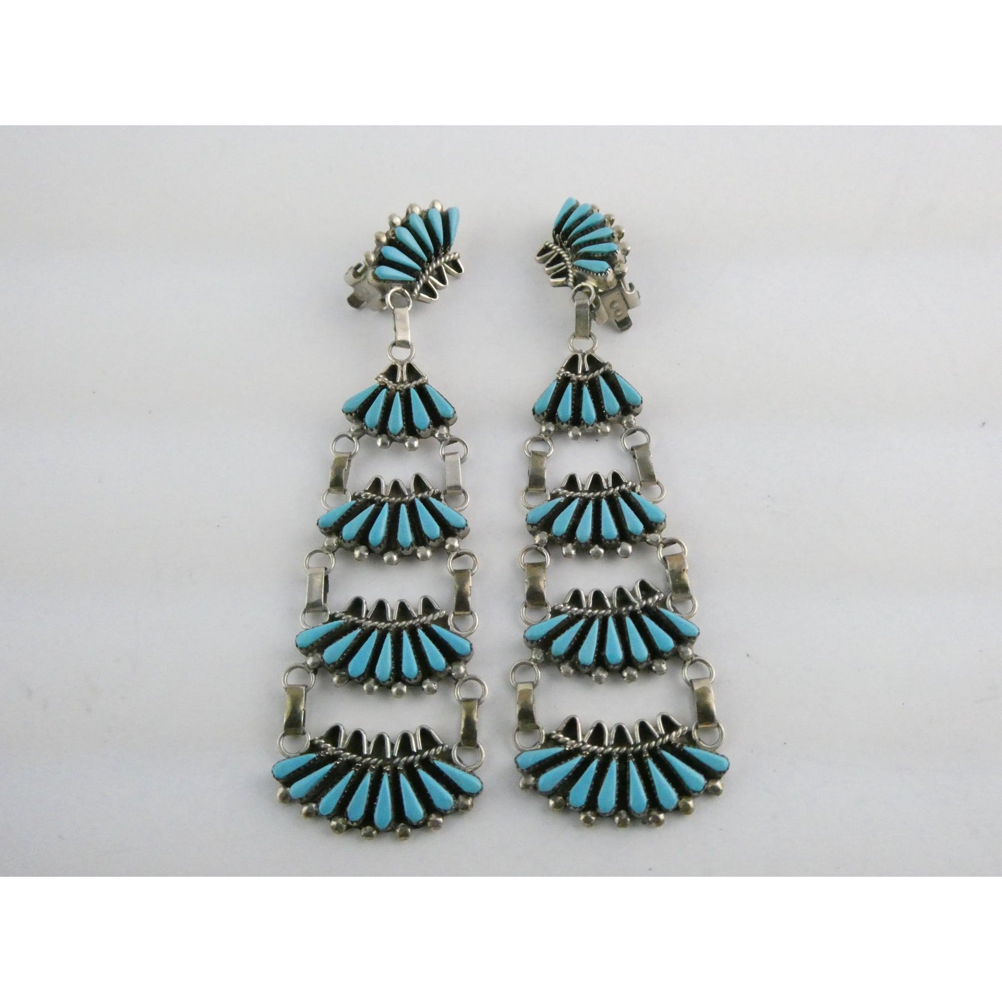 Southwestern Sterling Silver Turquoise Petit Point Clip on Earrings 14.6g 3 Inch