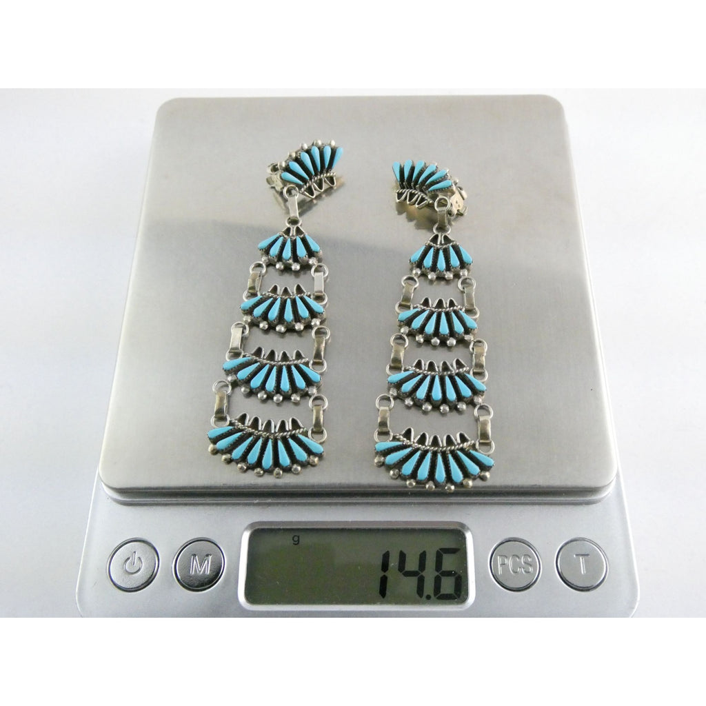 Southwestern Sterling Silver Turquoise Petit Point Clip on Earrings 14.6g 3 Inch