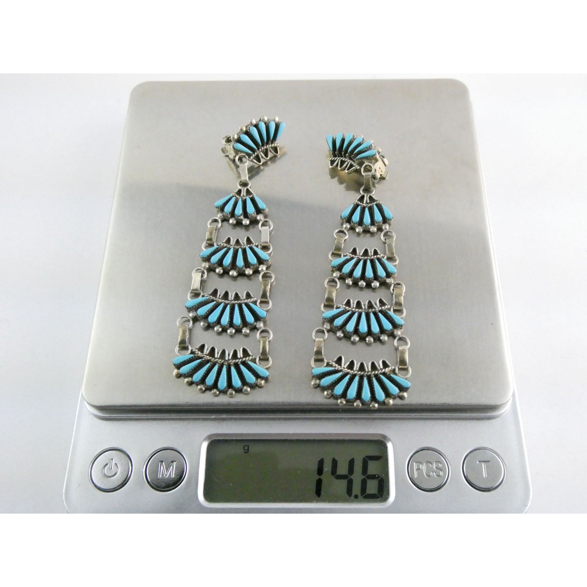 Southwestern Sterling Silver Turquoise Petit Point Clip on Earrings 14.6g 3 Inch
