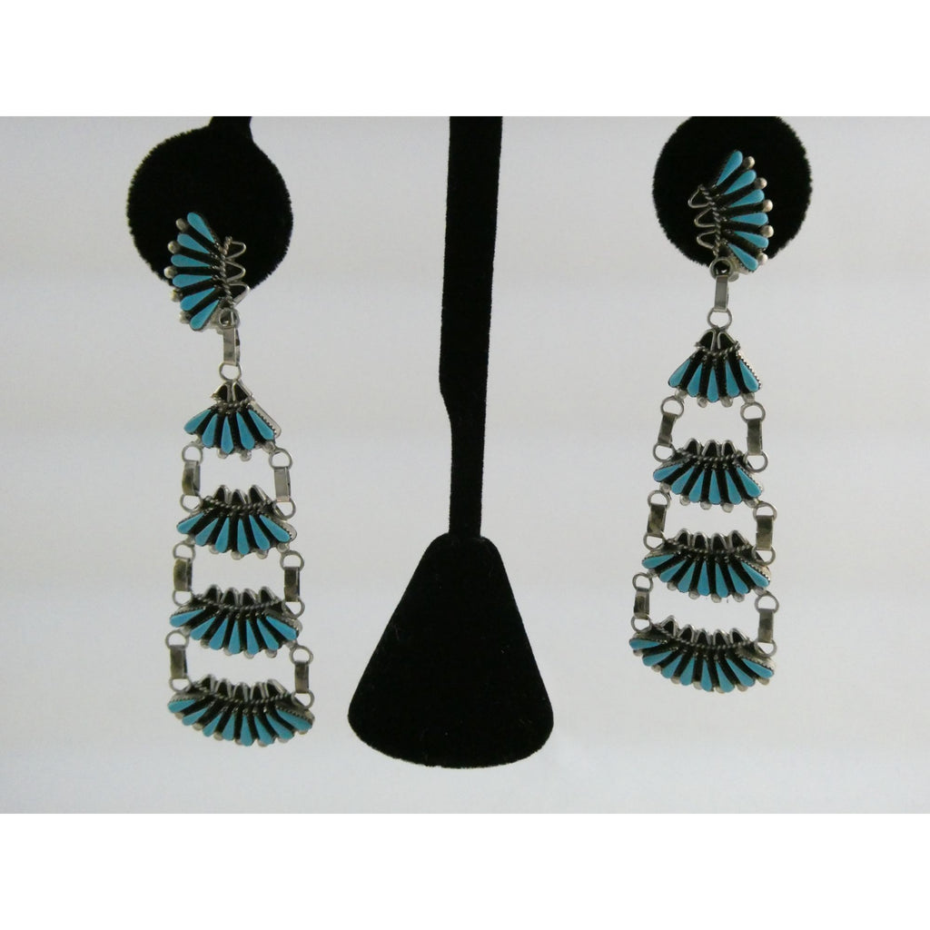 Southwestern Sterling Silver Turquoise Petit Point Clip on Earrings 14.6g 3 Inch