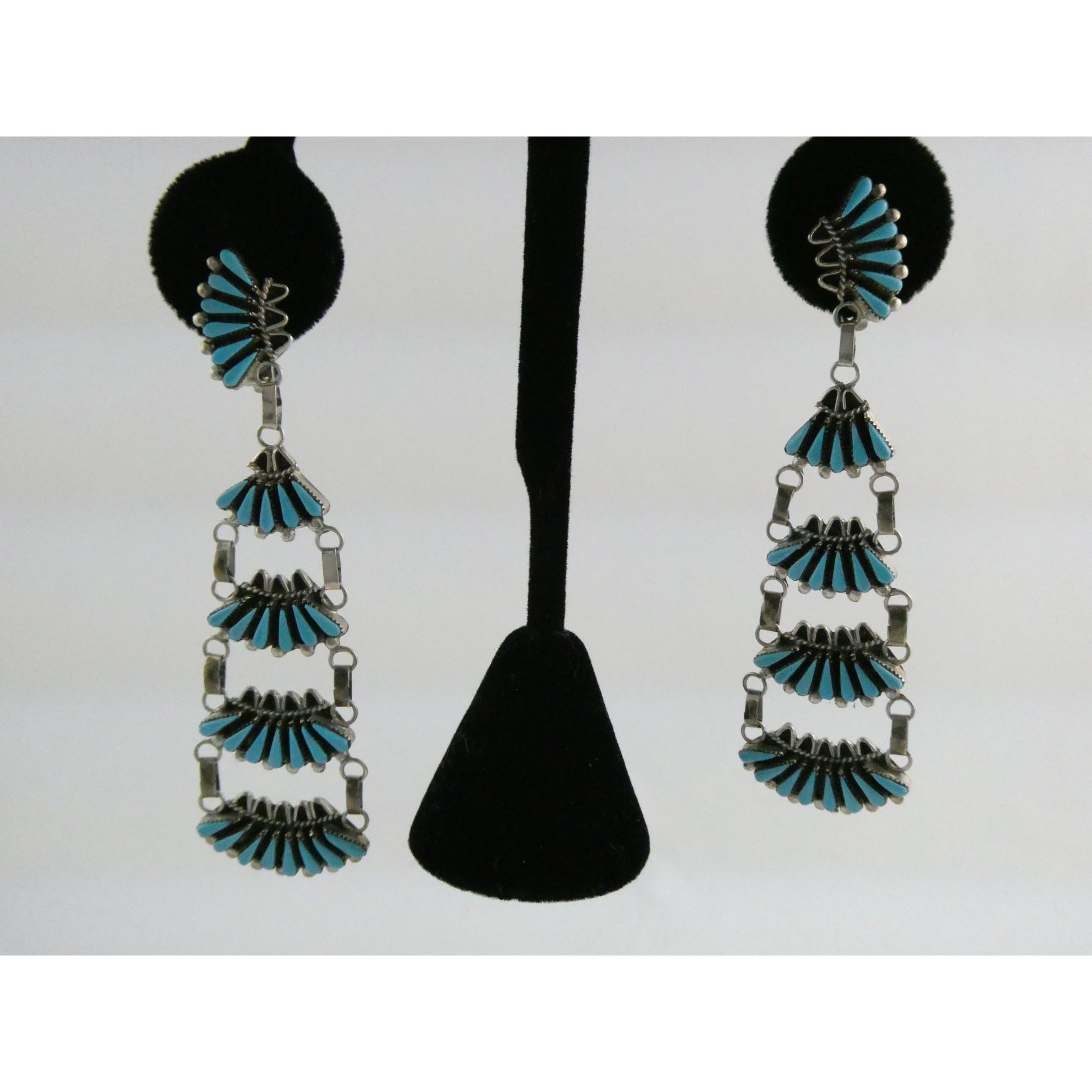 Southwestern Sterling Silver Turquoise Petit Point Clip on Earrings 14.6g 3 Inch
