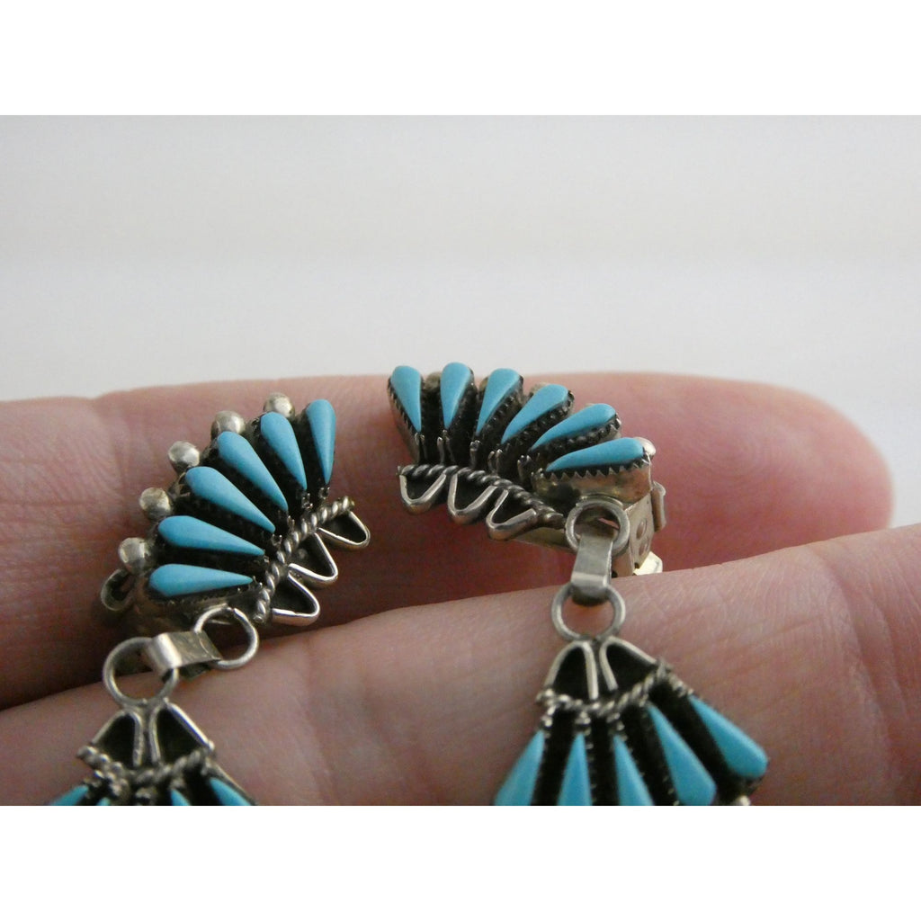 Southwestern Sterling Silver Turquoise Petit Point Clip on Earrings 14.6g 3 Inch