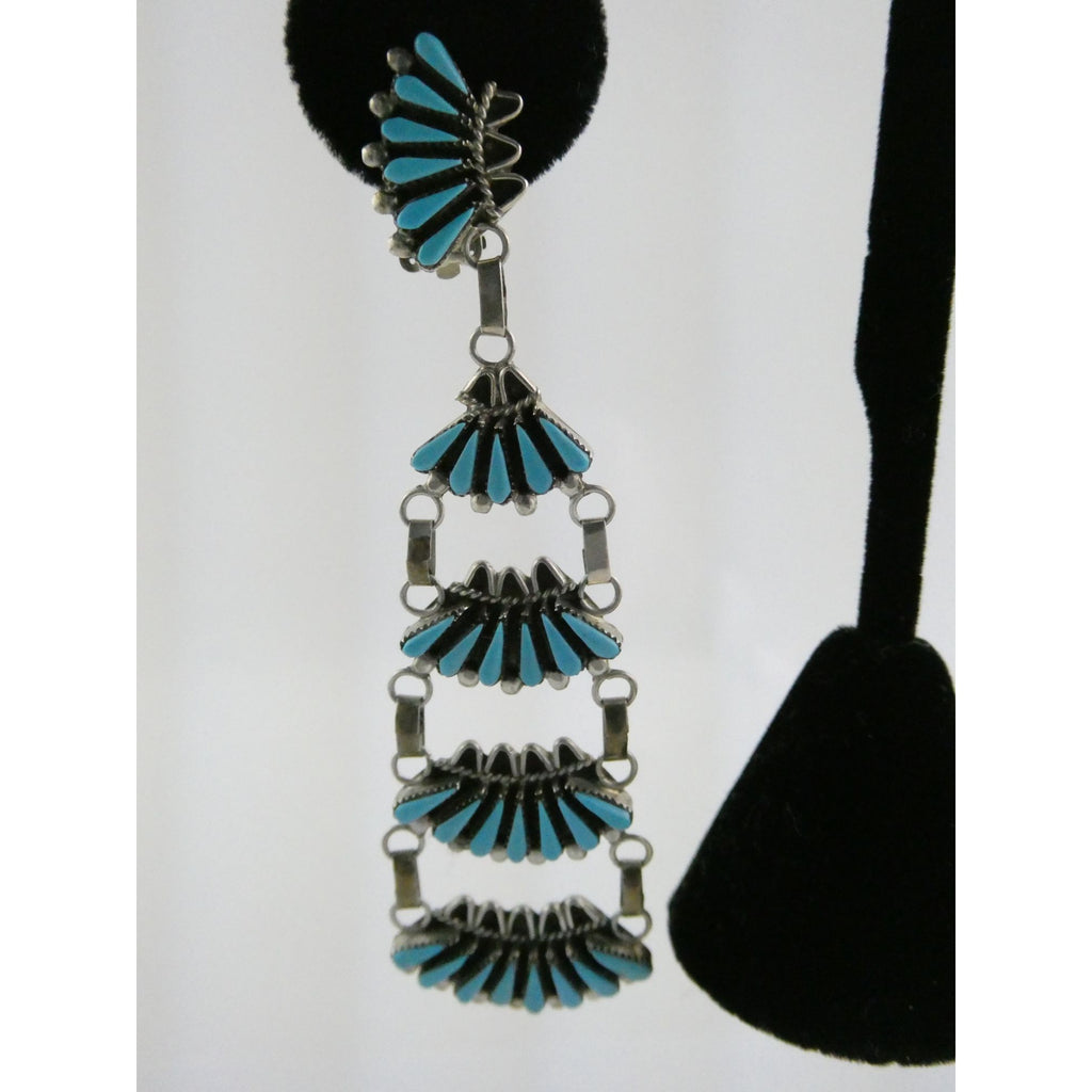 Southwestern Sterling Silver Turquoise Petit Point Clip on Earrings 14.6g 3 Inch