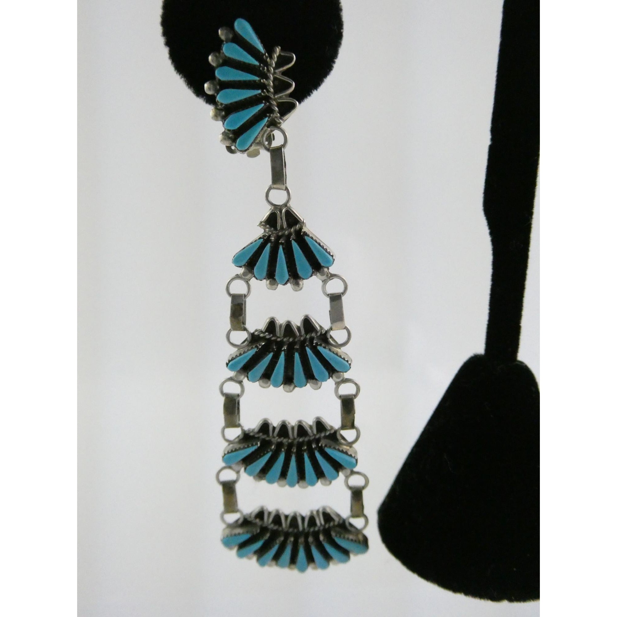 Southwestern Sterling Silver Turquoise Petit Point Clip on Earrings 14.6g 3 Inch