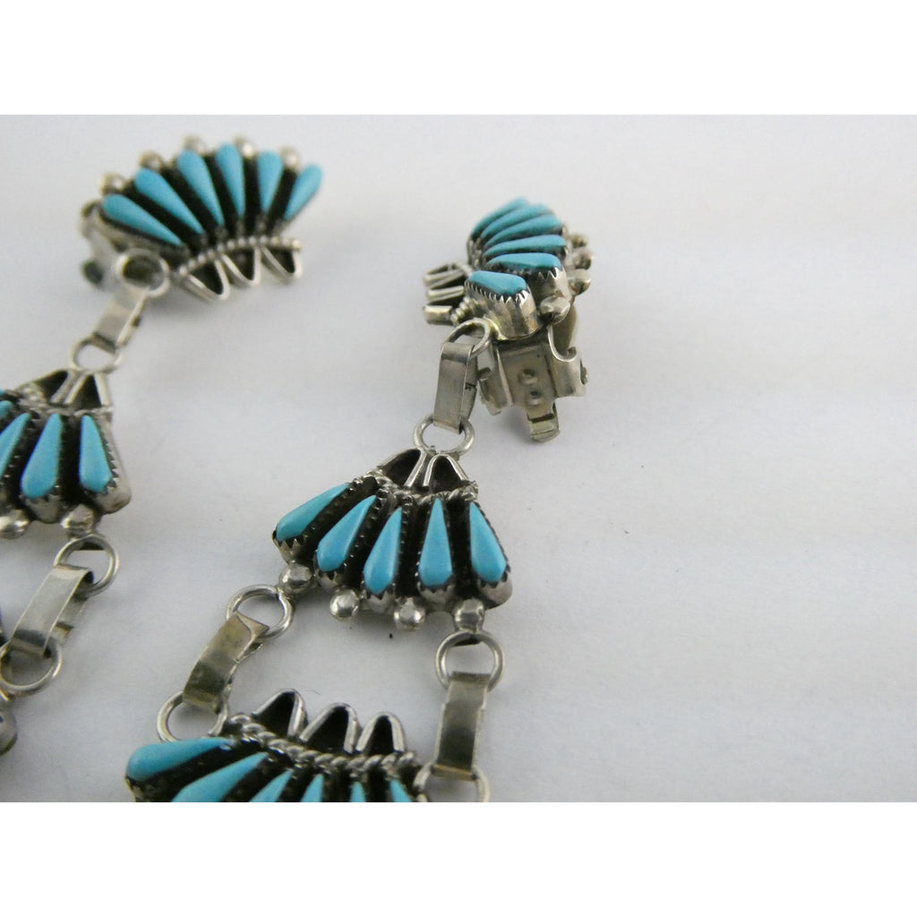 Southwestern Sterling Silver Turquoise Petit Point Clip on Earrings 14.6g 3 Inch