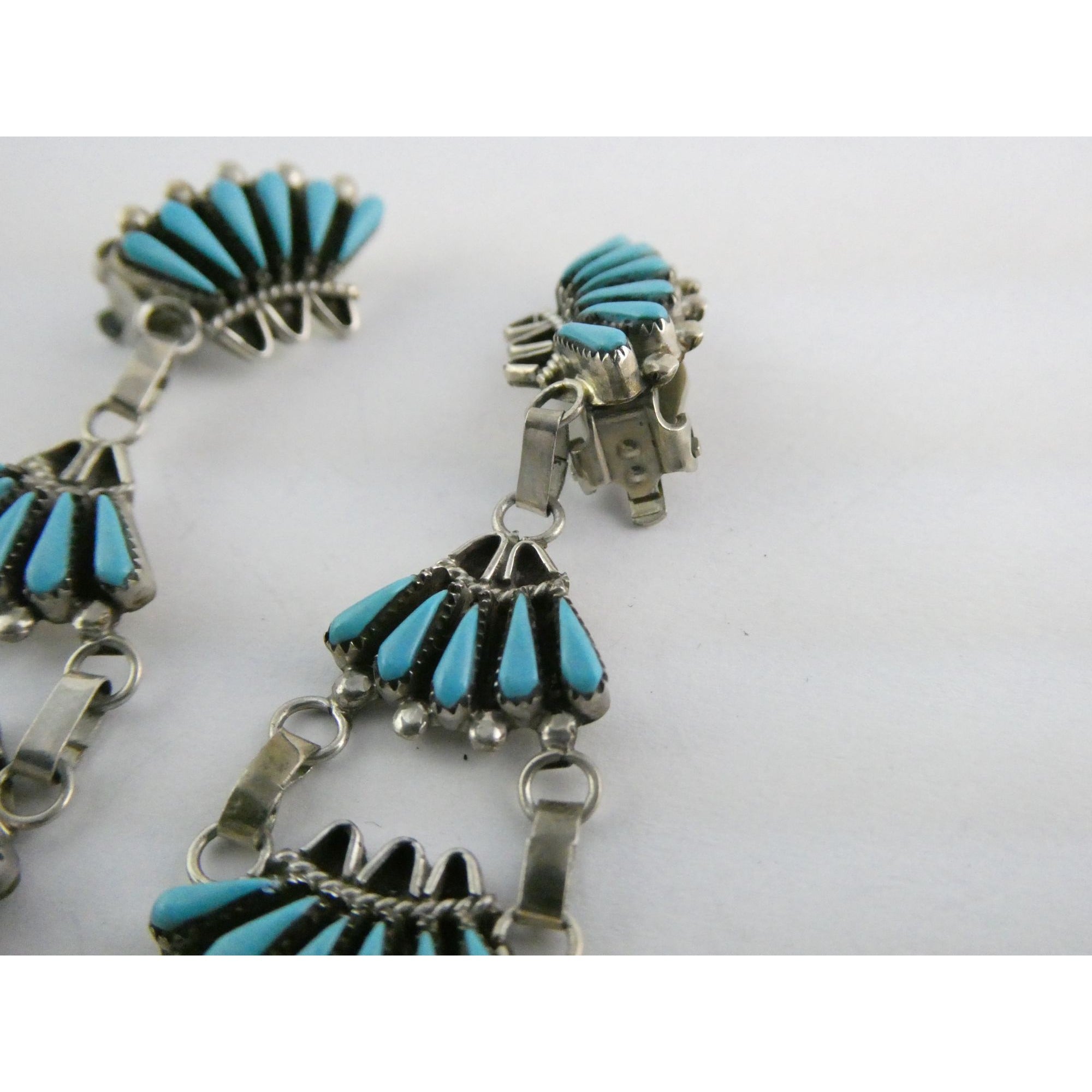 Southwestern Sterling Silver Turquoise Petit Point Clip on Earrings 14.6g 3 Inch