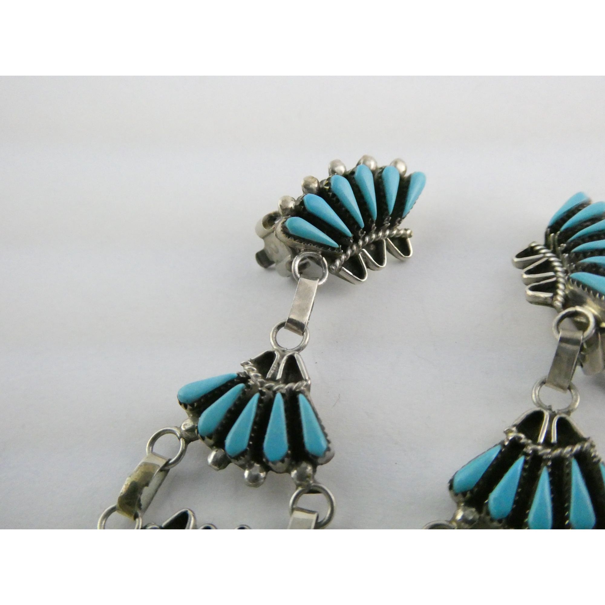 Southwestern Sterling Silver Turquoise Petit Point Clip on Earrings 14.6g 3 Inch