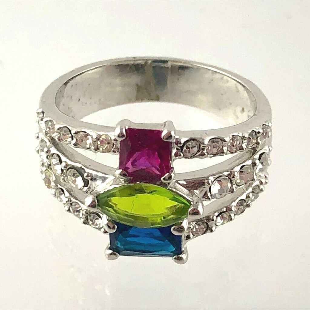 Silvertone Metal Three Rhinestone Ring Size 6.75 Pink Green Blue White Accents